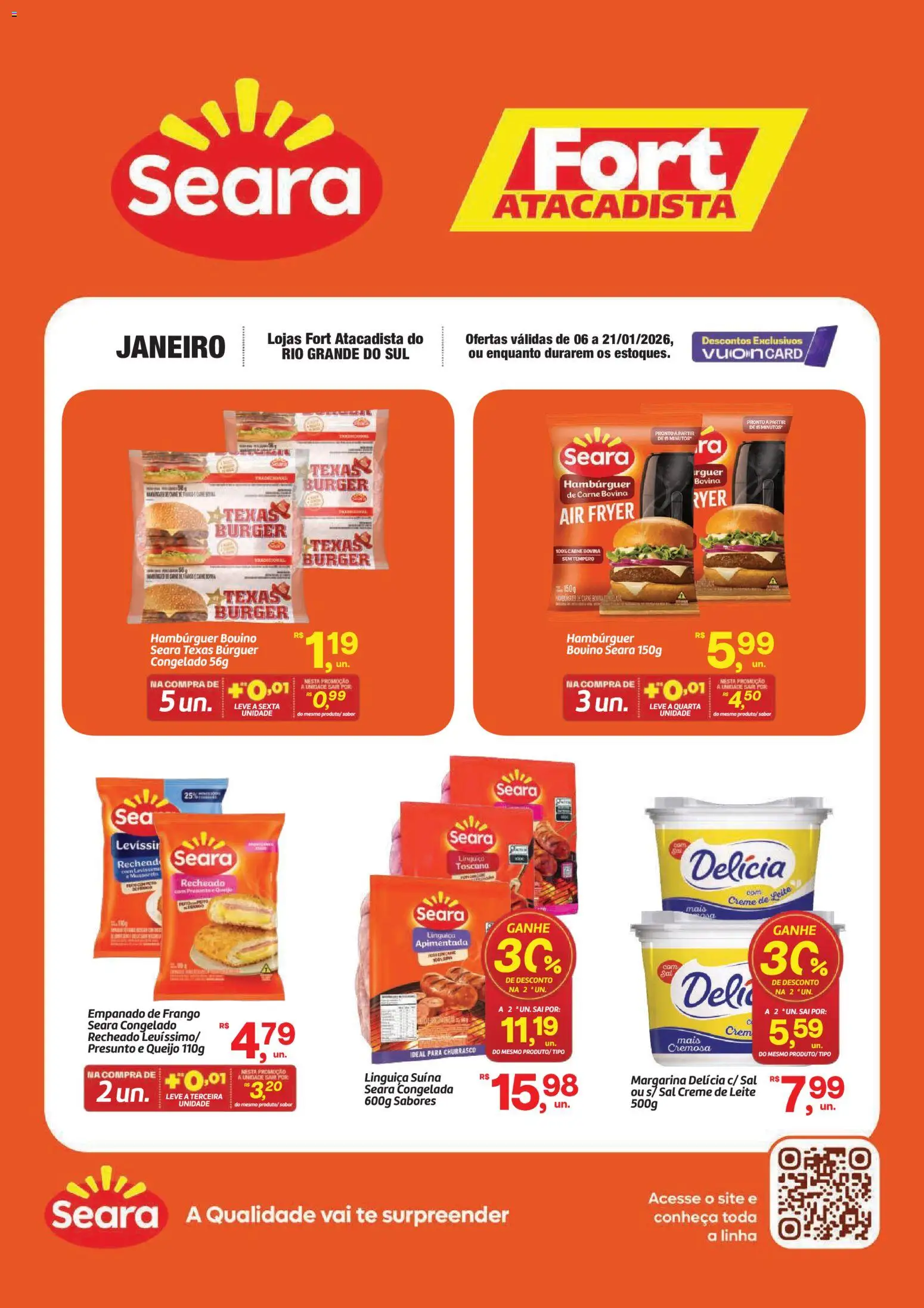 Pré-Visualização do folheto "Ofertas Seara" da loja Fort Atacadista válido a partir de 06/01/2026 - Hambúrguer, Queijo, Carne, Frango, Creme de leite, Creme, Margarina, Carne bovina
