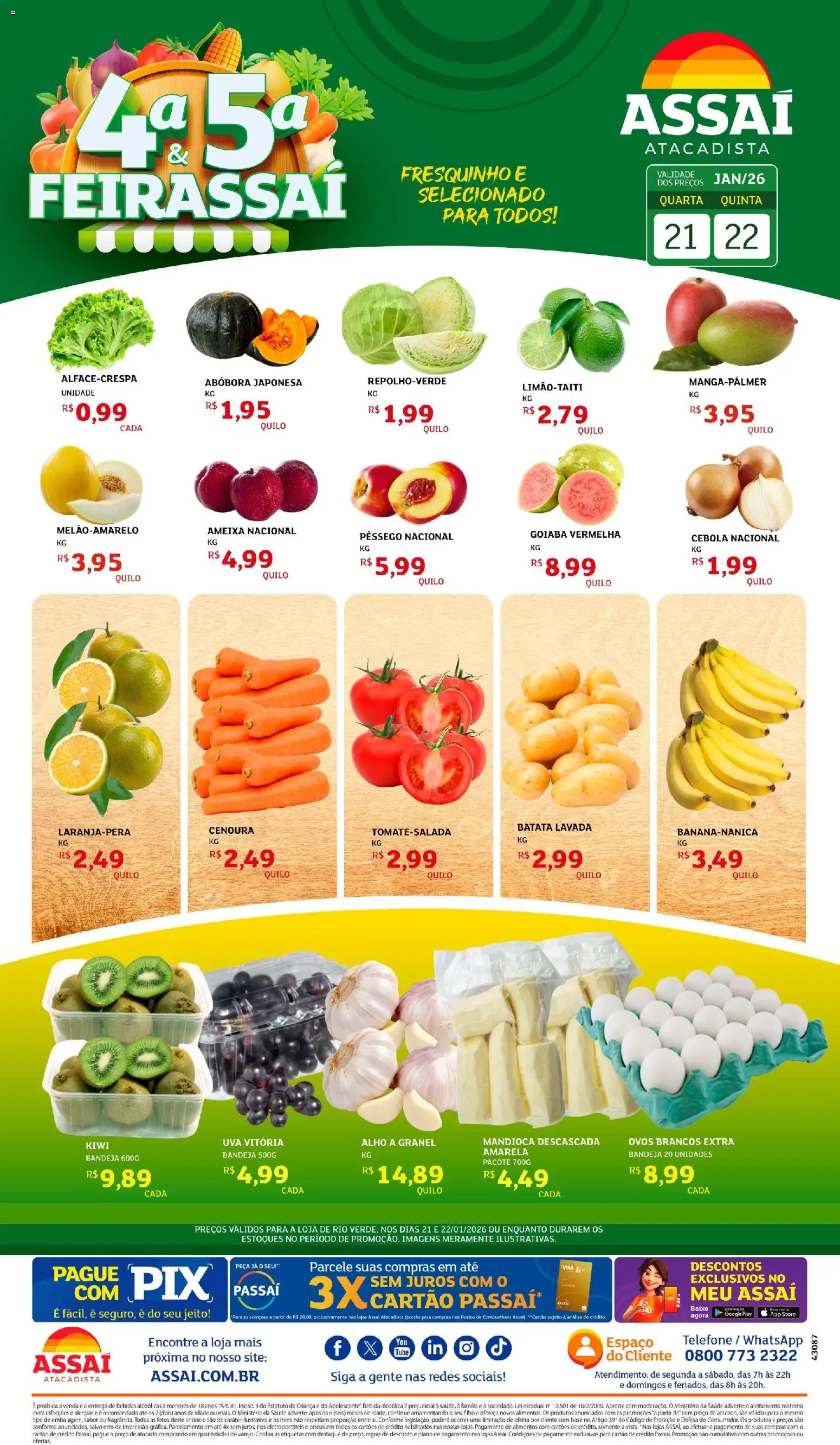 Pré-Visualização do folheto "Encarte - GO" da loja Assaí Atacadista válido a partir de 21/01/2026 - Telefone, Kiwi, Bebidas, Ovos, Abóbora, Ameixa, Cenoura, Alho