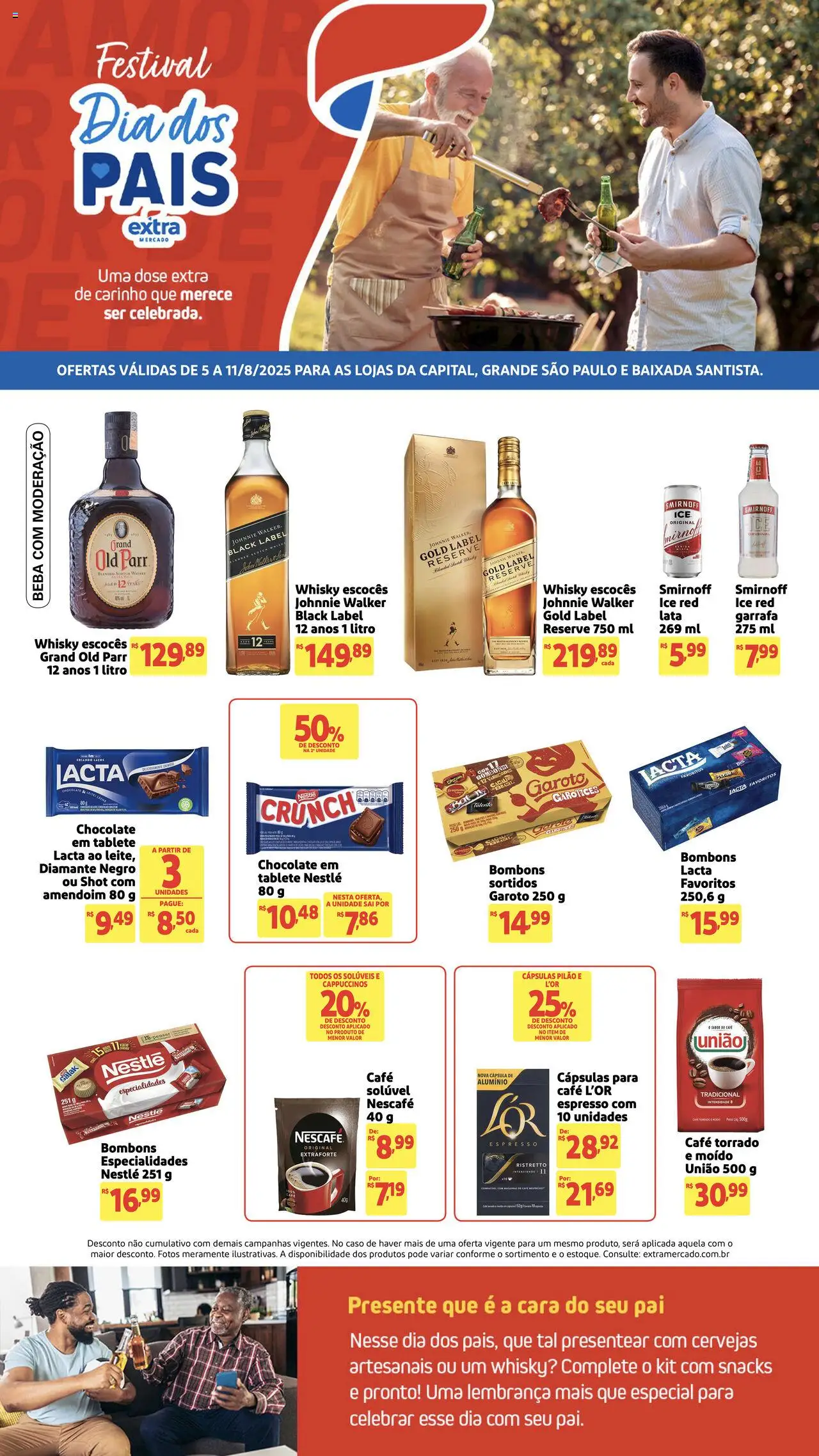 Extra folheto "Ofertas Dia dos Pais" válido a partir de 05/08/2025 - número de página 1 - Café, Whisky, Chocolate, Amendoim, Cará, Cápsulas, Especialidades