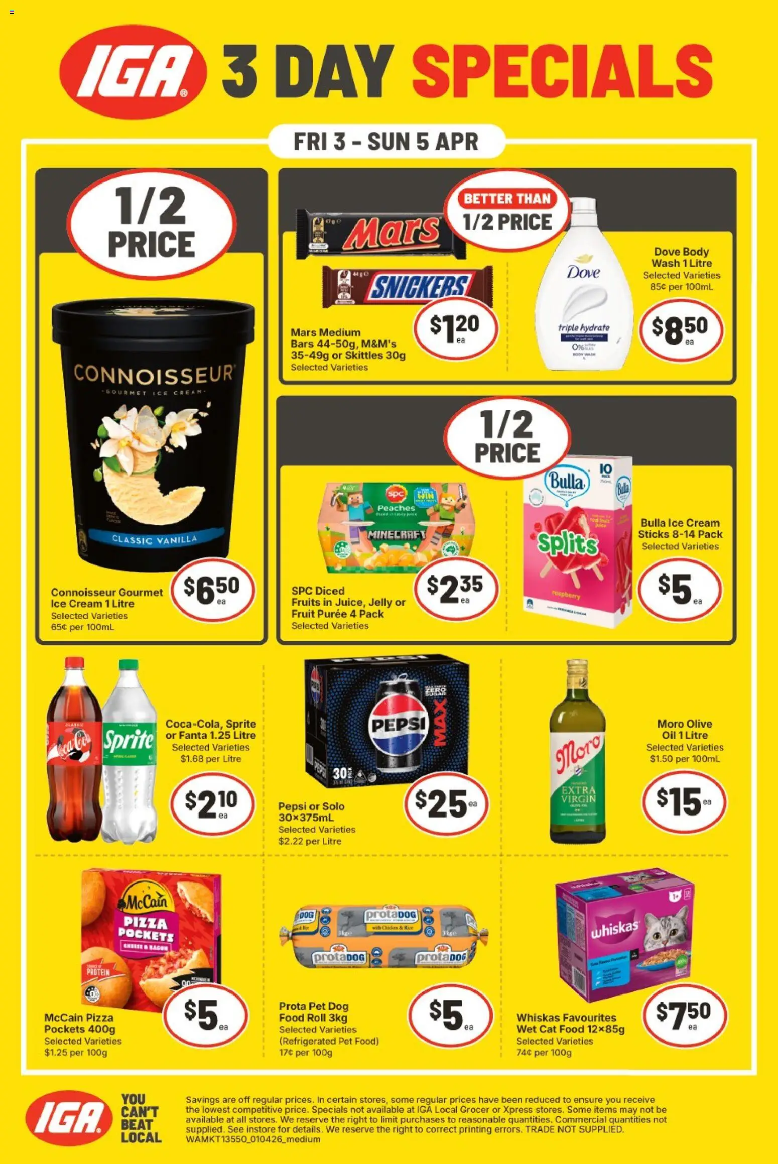 Preview of catalogue IGA 3 Days Specials NT/WA from shop IGA valid 03/04/2026 - Food, Bacon, Oil, Chicken, Fruits, Ice, Fanta, Vanilla