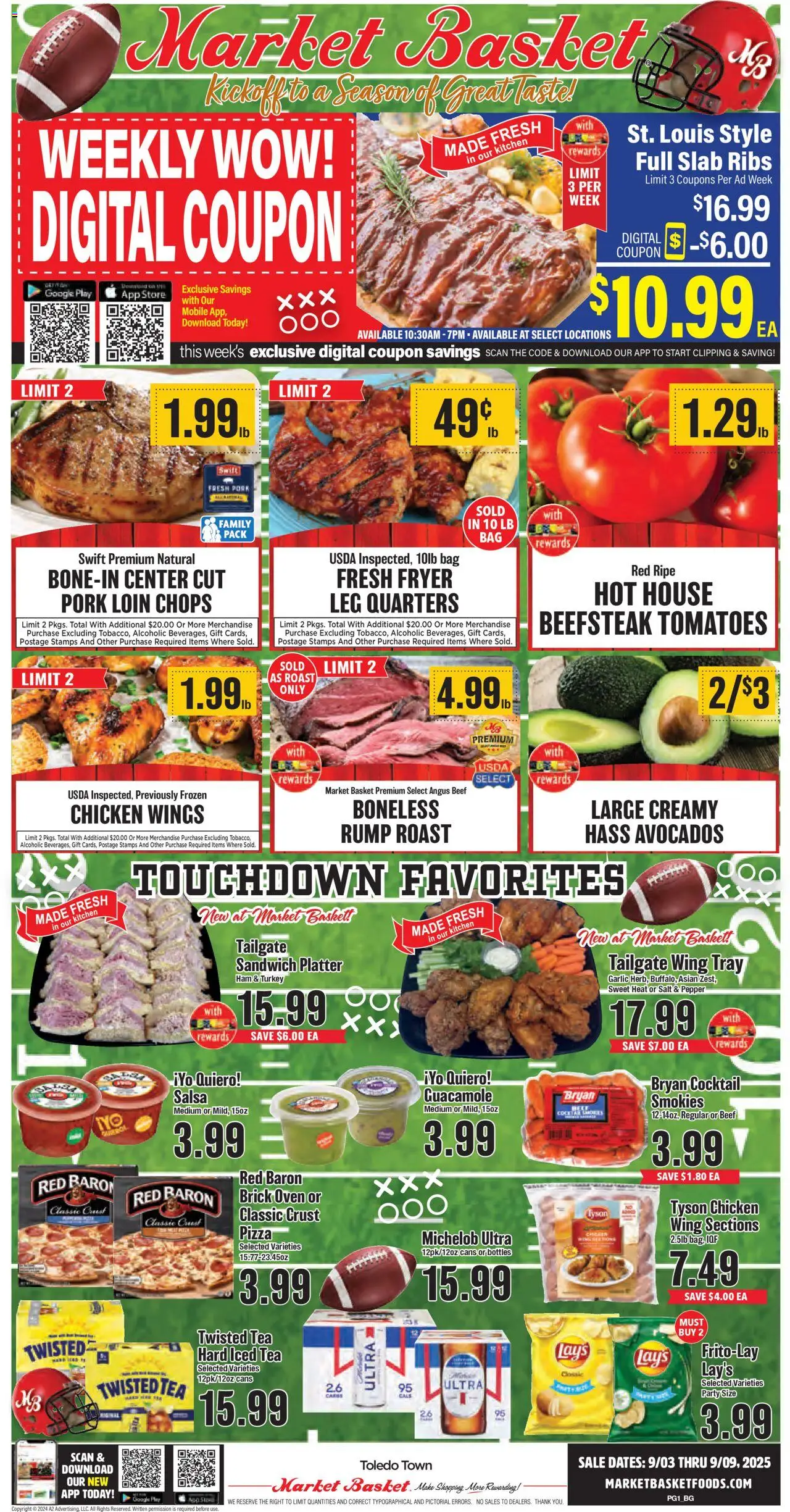 Market Basket Leesville, Many from 09/03/2025 - Flyer - Page number 1 - Pizza, Chicken wings, Bag, Pork, Pork loin, Iced tea, Fryer, Chicken