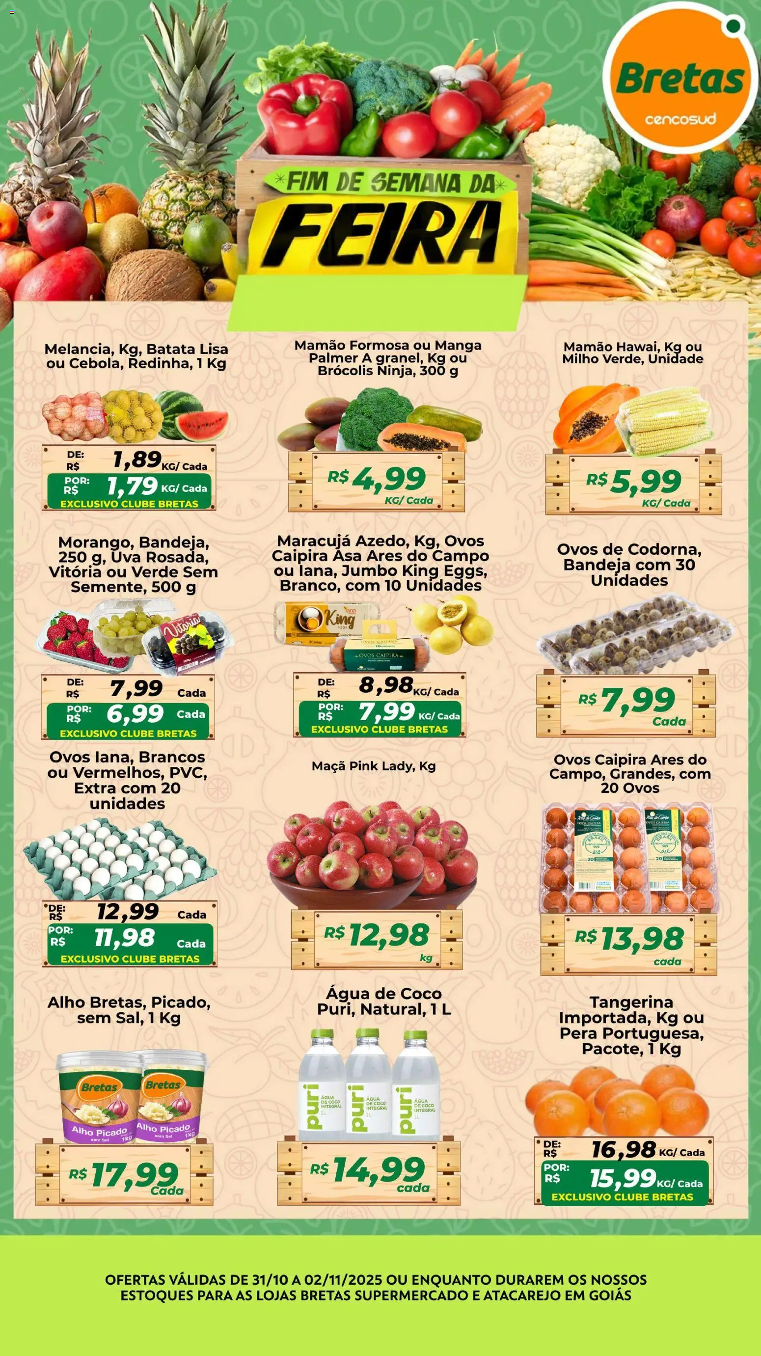 Pré-Visualização do folheto "Ofertas Feira" da loja Bretas válido a partir de 31/10/2025 - Coco, Água de coco, Sal, Batata, Pera, Milho, Bandeja, Alho