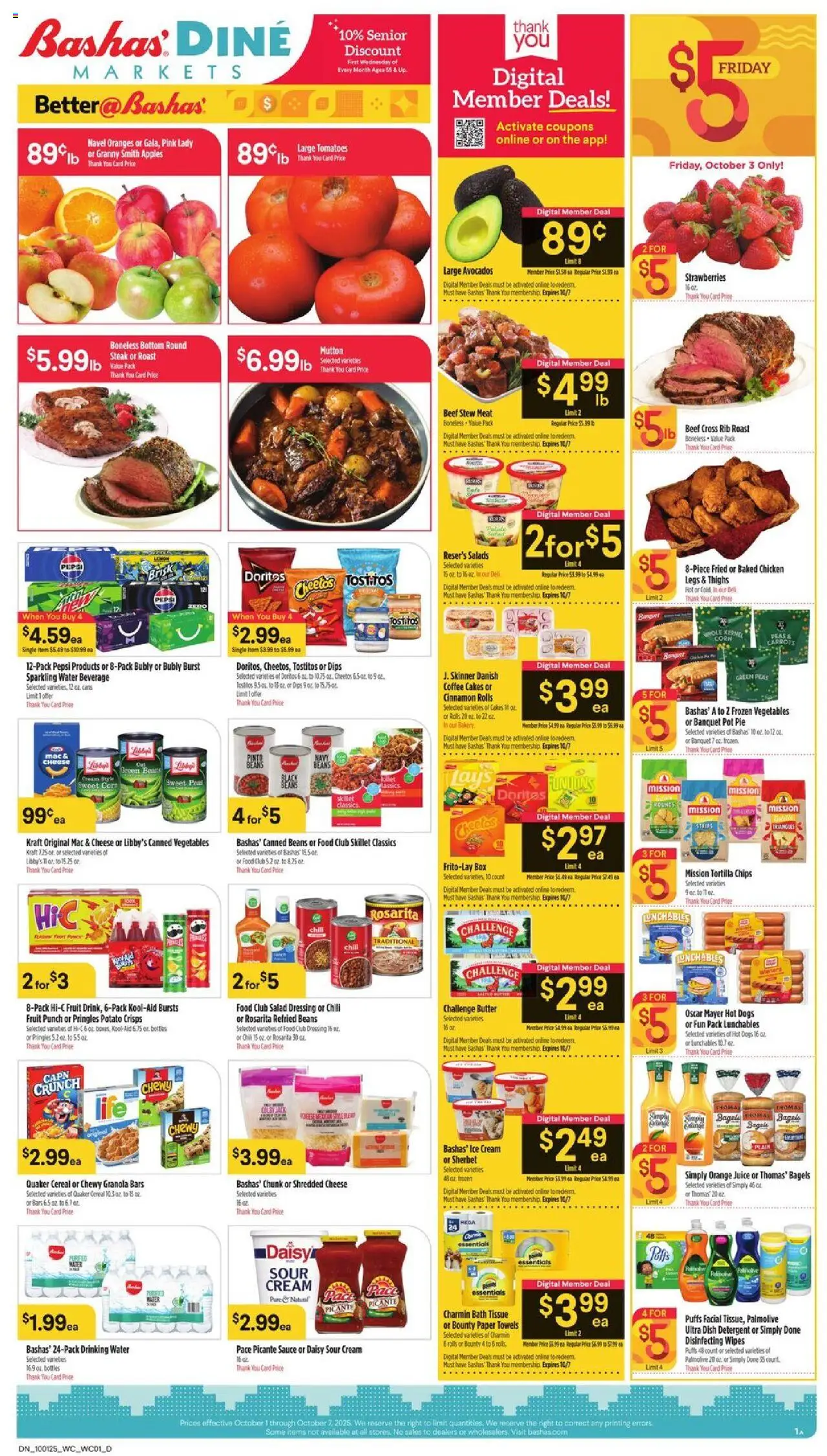Basha's Dine from 10/01/2025 - Flyer - Page number 1 - Ice, Salad, Fruit, Hot Dogs, Butter, Pepsi, Carrots, Bath