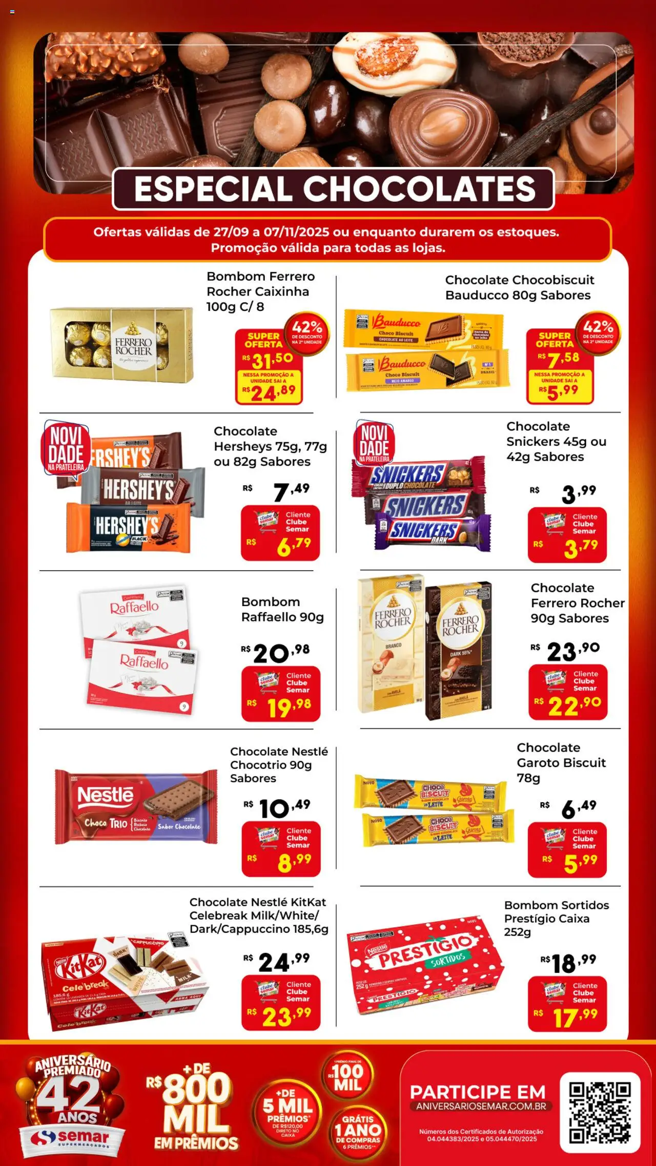 Semar Supermercado folheto "Ofertas Especial Chocolates" válido a partir de 27/09/2025 - número de página 1 - Caixa, Chocolate, Ferrero Rocher, Prateleira, Leite, Bombom, Cappuccino, Avelã