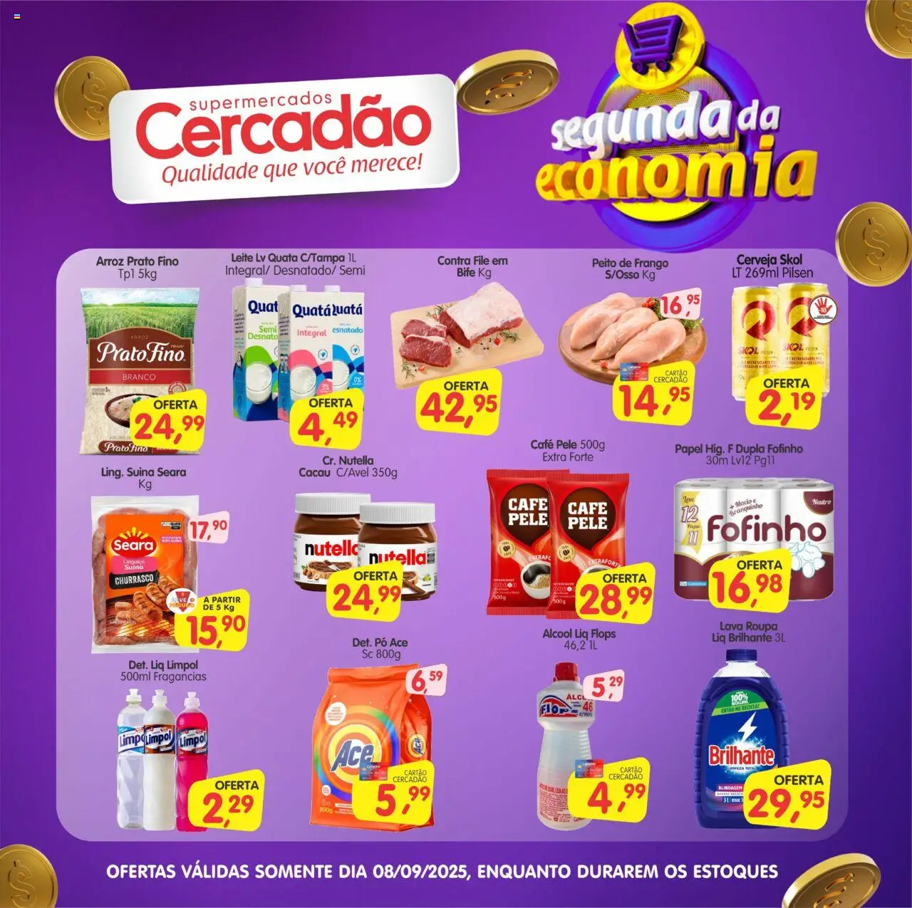 Cercadão folheto "Ofertas da semana" válido a partir de 08/09/2025 - número de página 1 - Cerveja, Nutella, Arroz, Álcool, Leite, Frango, Linguiça, Contra filé