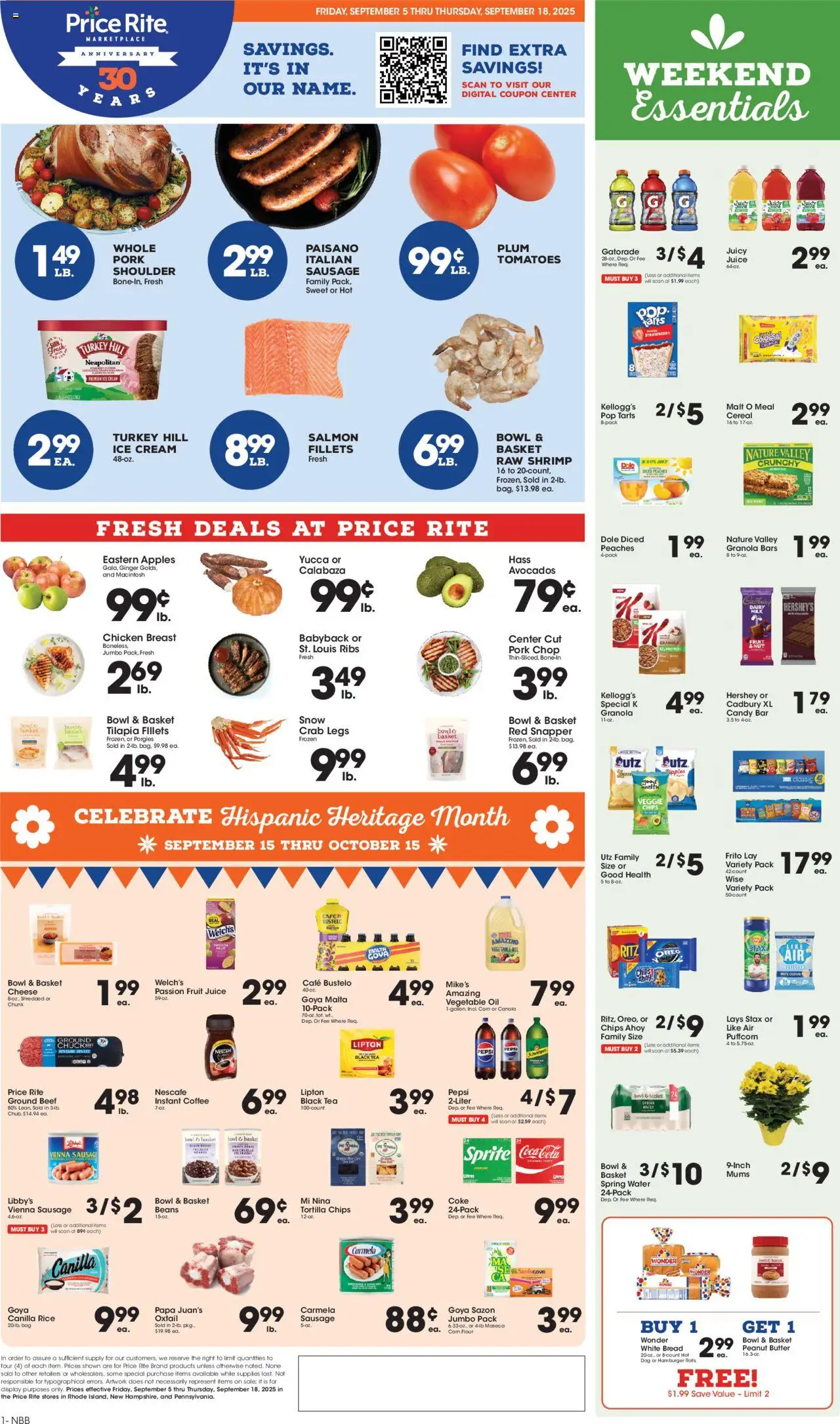 Ad Preview of Price Rite Weekly Ad from 09/05/2025 - Tea, Peaches, Juice, Oreo, Peanut butter, Basket, Spring water, Instant coffee