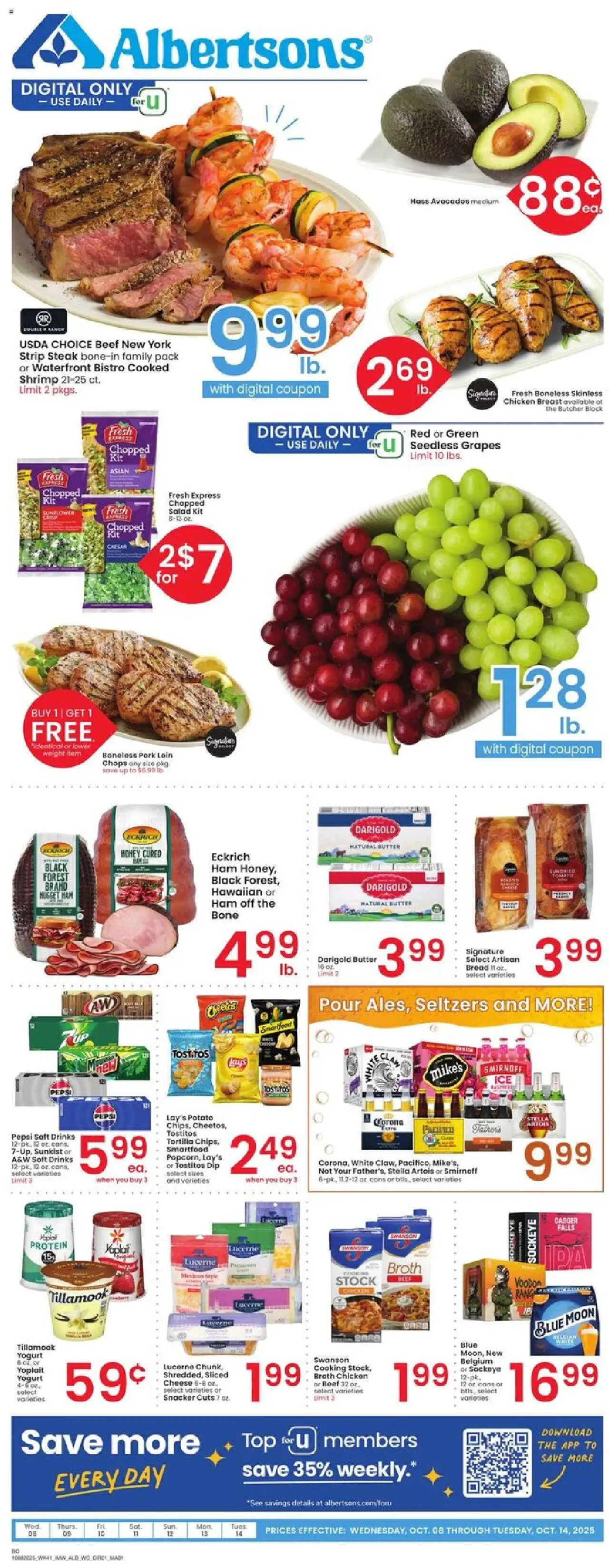 Ad Preview of Albertsons Weekly Ad from 10/08/2025 - Steak, Yogurt, Grapes, Ham, Beef, Weight, Pork, Corona Extra