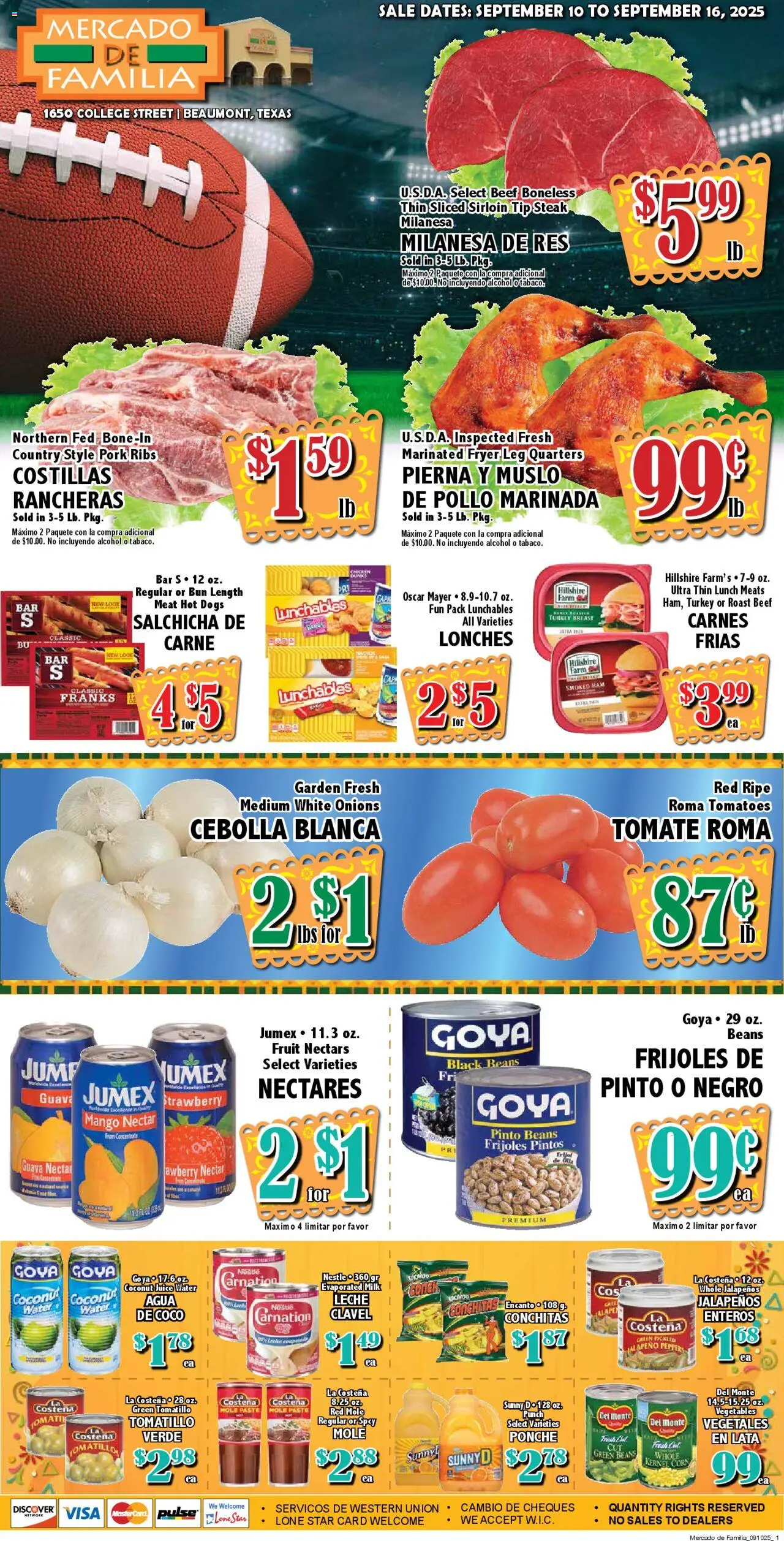 Market Basket Mercado from 09/10/2025 - Flyer - Page number 1 - Water, Steak, Alcohol, Beans, Beef, Pork, Pork ribs, Fryer