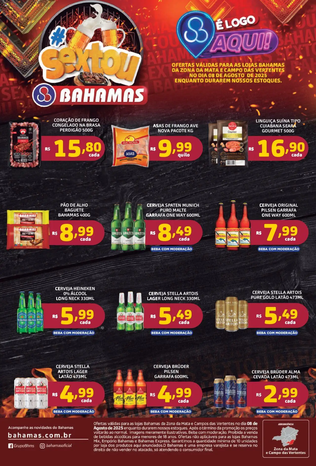 Bahamas Supermercados folheto "Ofertas Sextou " válido a partir de 08/08/2025 - número de página 1 - Heineken, Pão, Frango, Linguiça, Alho, Baguete, Coração de frango, Asas de frango