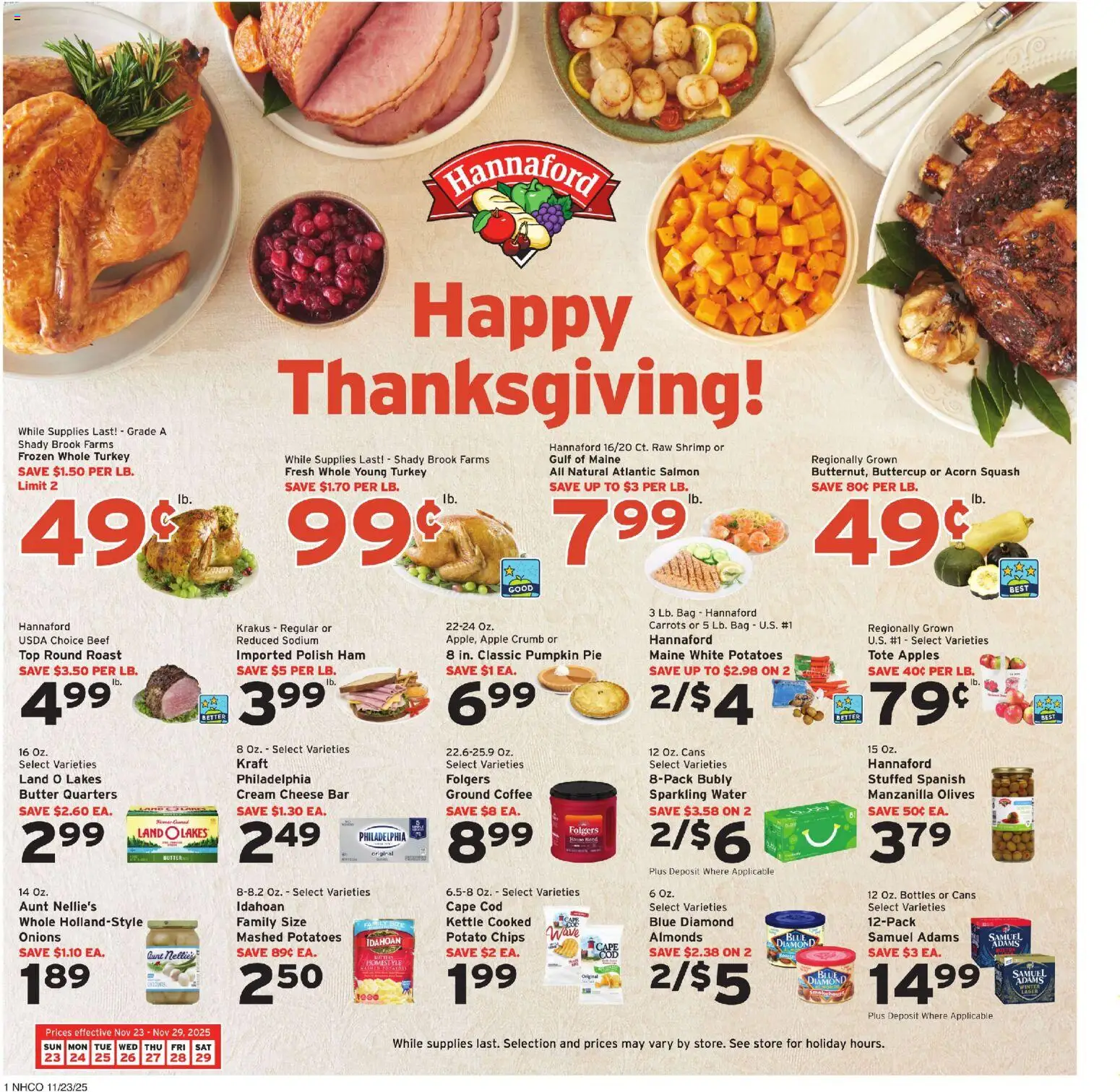 Ad Preview of Hannaford Weekly Ad from 11/23/2025 - Water, Cheese, Shrimp, Butter, Squash, Carrots, Cream, Pumpkin Pie