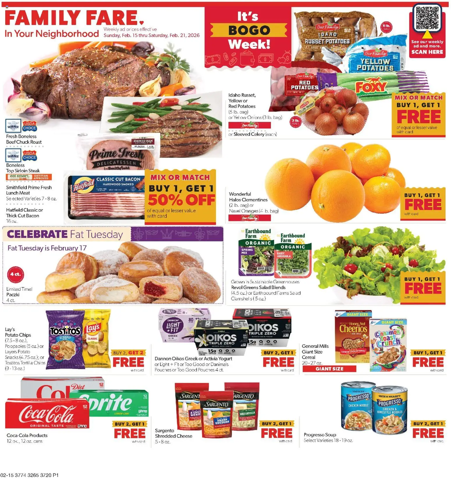 Ad Preview of Family Fare Weekly Ad from 02/15/2026 - Salad, Snacks, Oranges, Cheese, Bacon, Greek yogurt, Vanilla, Beef chuck