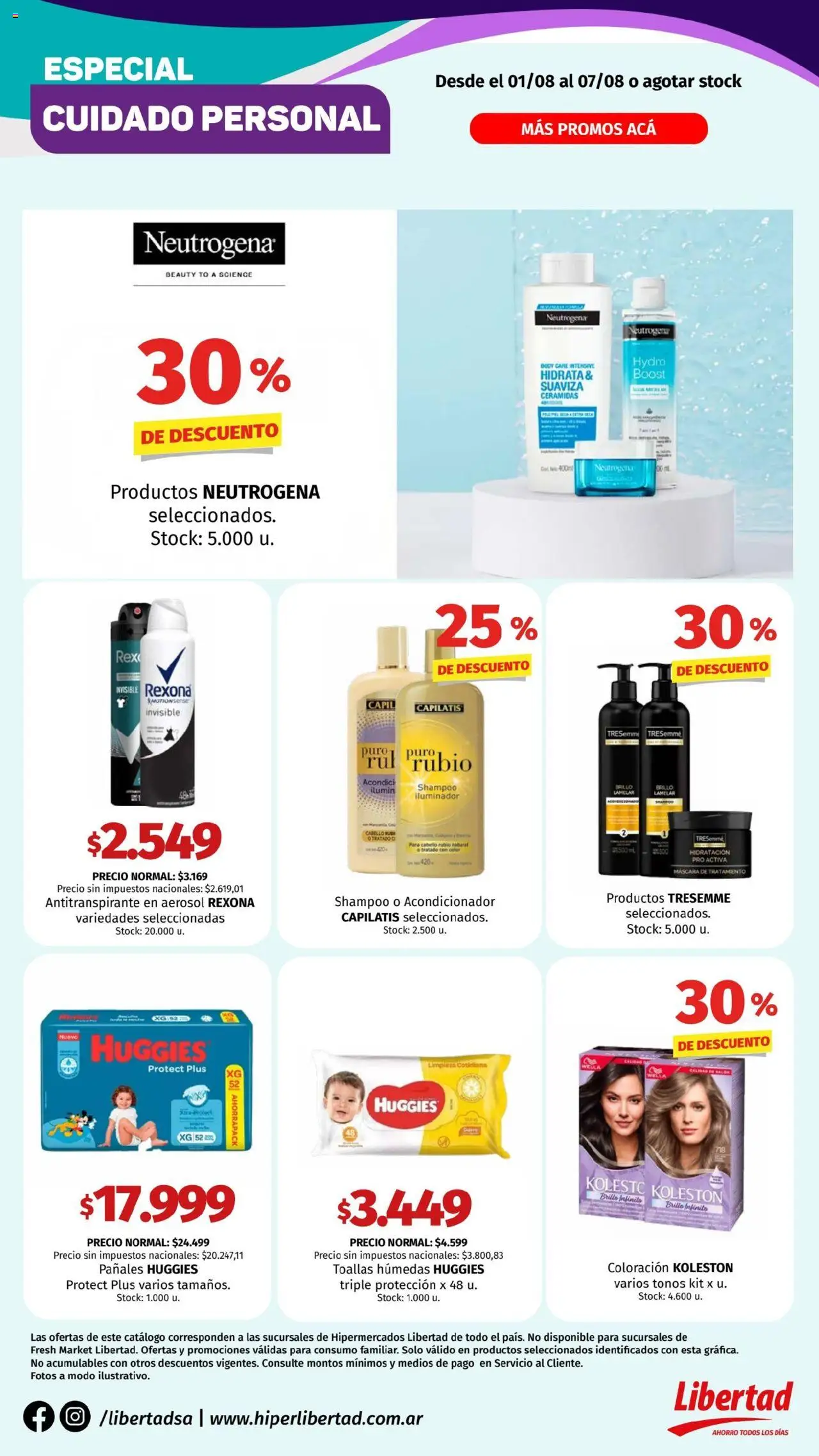 Hipermercado Libertad Cuidado Personal del 01/08/2025 Online - Body, Pañales, Toallas, Iluminador, Acondicionador, Brillo, Máscara, Antitranspirante