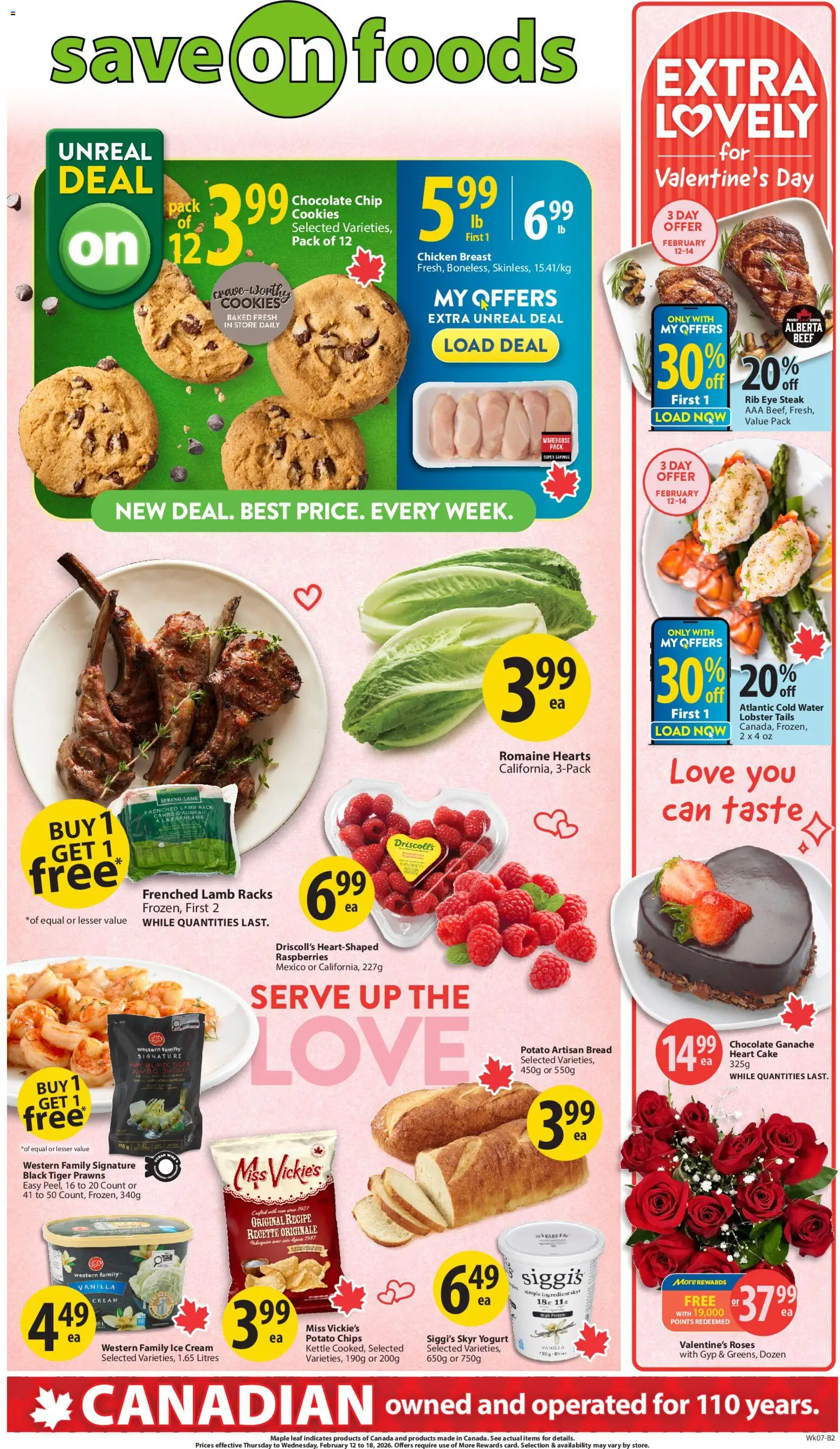 Preview of leaflet Weekly flyer / circulaire from shop Save on foods is valid from Feb 12, 2026 - Chicken, Cookies, Ice, Shrimp, Kettle, Vanilla, Cream, Chicken breast