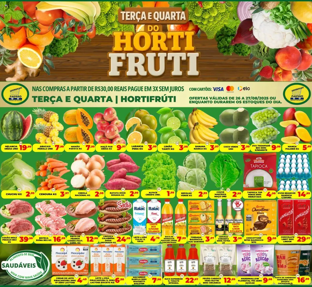 Supermercado Padrão folheto "Ofertas Hortifruti" válido a partir de 26/08/2025 - número de página 1 - Macarrão, Doce, Tomate, Manteiga, Couve, Creme, Repolho, Barilla