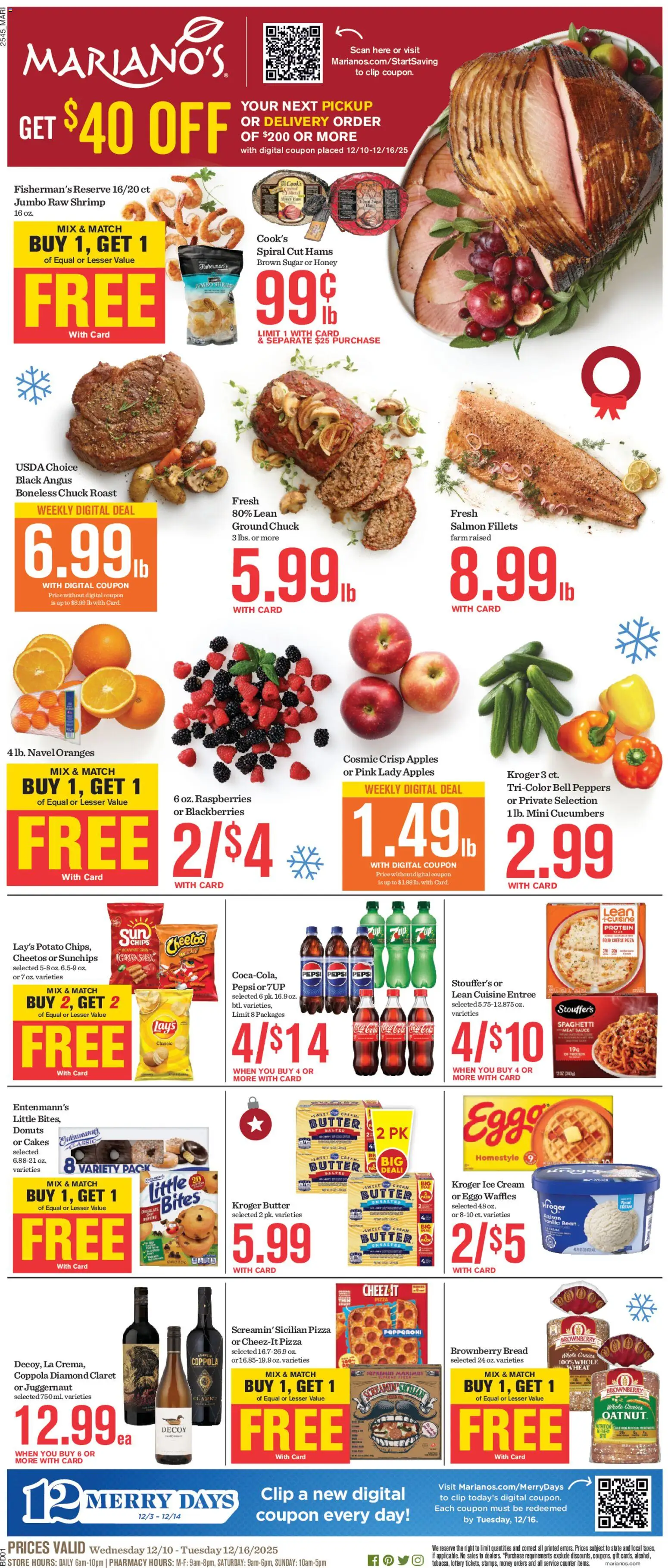 Ad Preview of Mariano's Weekly Ad from 12/10/2025 - Apples, Ice, Shrimp, Raspberries, Cucumbers, Clip, Grains, Sauce