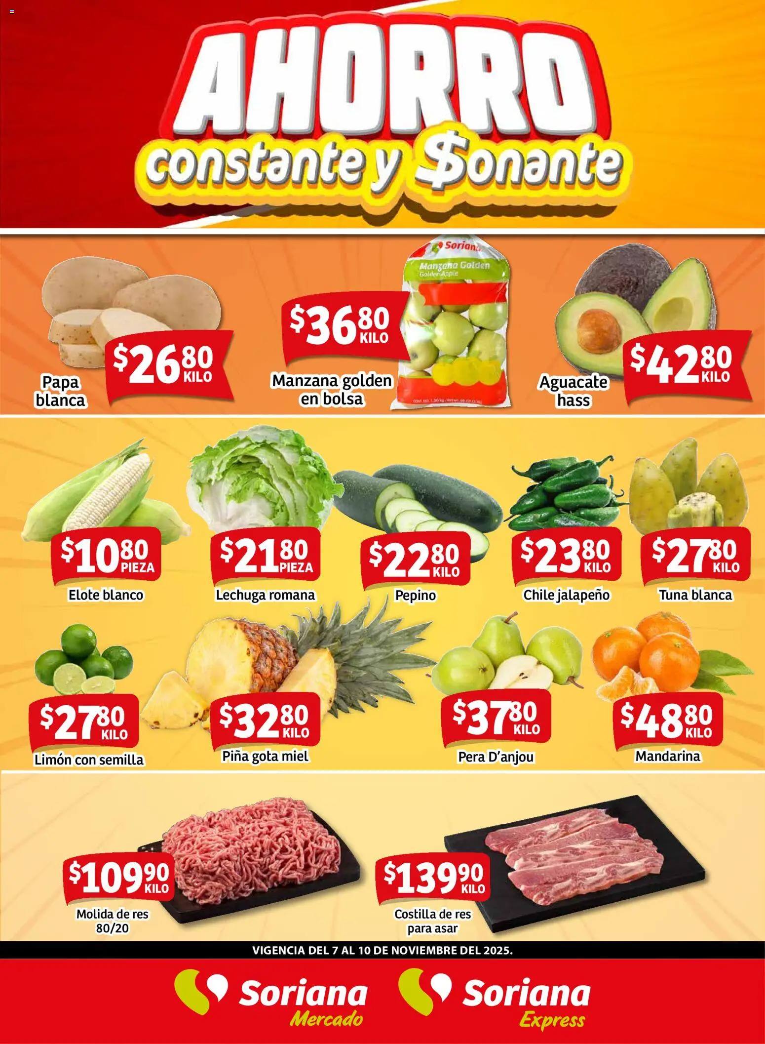 Vista previa las ofertas de la tienda Soriana - Fin de Semana Mercado: Tamaulipas desde el 07/11/2025 - Papa, Chile, Aguacate, Pera, Lechuga, Lechuga romana, Pepino, Res