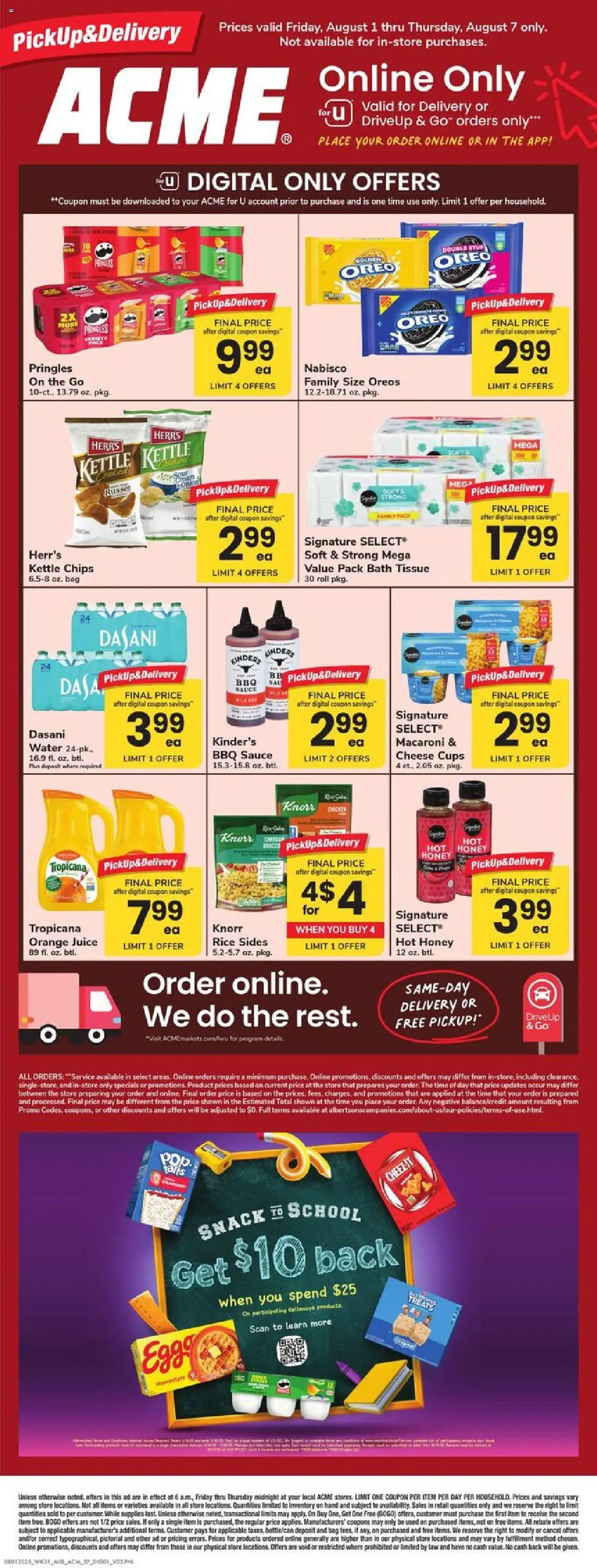 Acme Specialty Publication from 08/01/2025 - Circular, Flyer - Page number 1 - Water, Chips, Honey, Oreo, Bath, Sauce, Kettle, Chicken