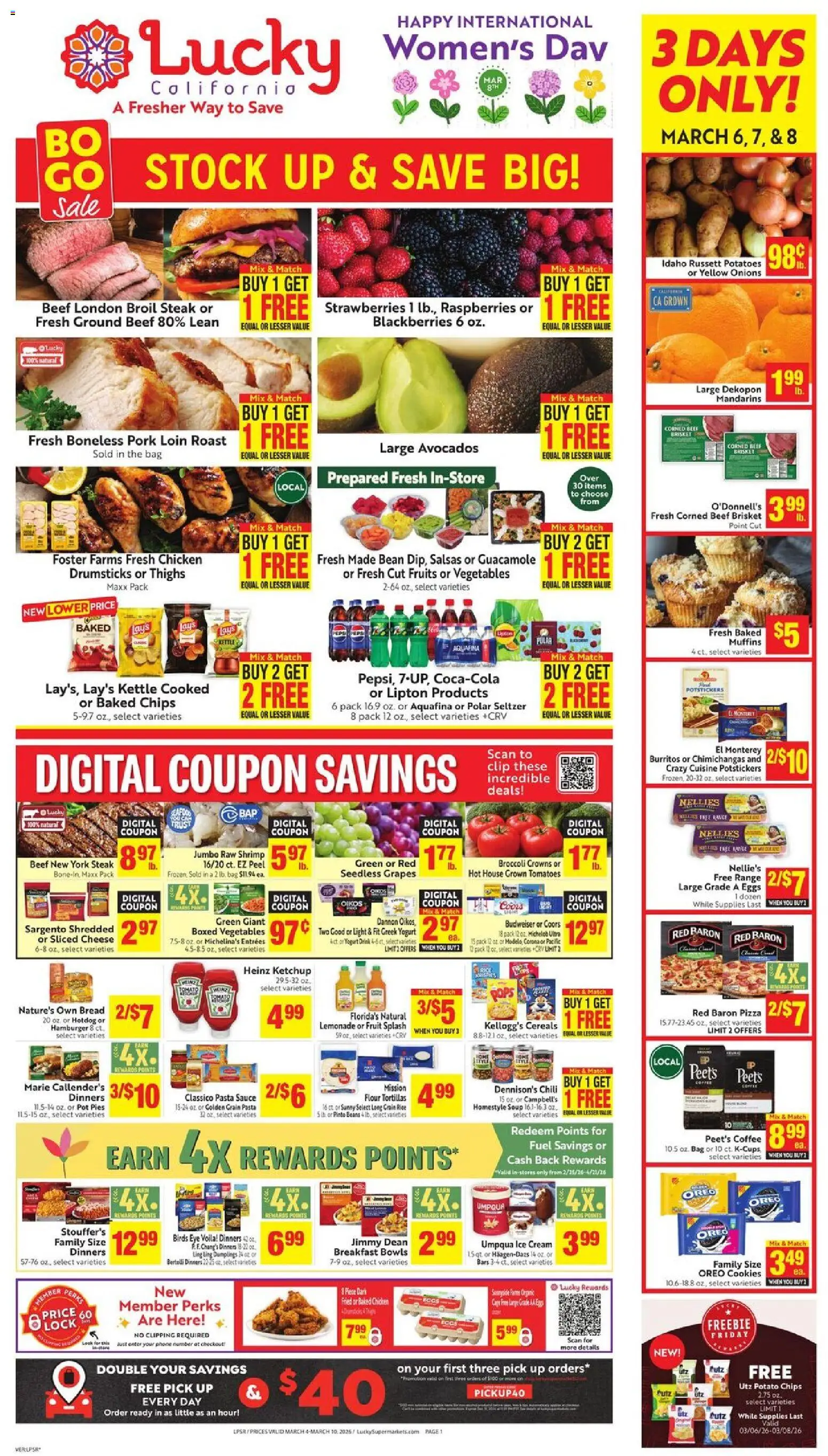 Ad Preview of Lucky Supermarkets Lucky Supermarkets Weekly - AK from 03/04/2026 - Chili, Cookies, Steak, Fruit, Bread, Shrimp, Beef, Sauce