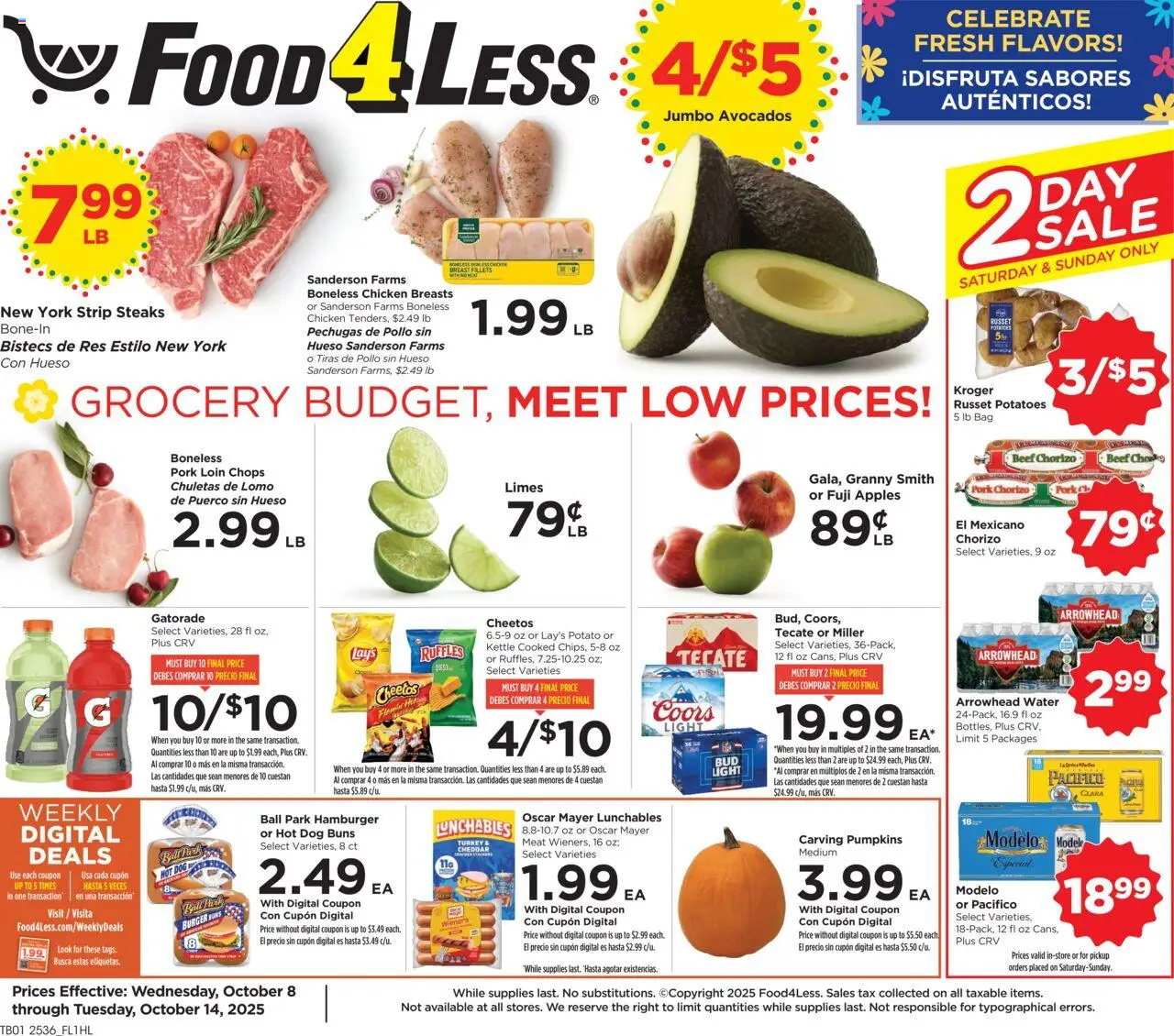 Ad Preview of Food 4 Less Weekly Ad from 10/08/2025 - Apples, Water, Potatoes, Beef, Bag, Chicken breasts, Kettle, Chicken