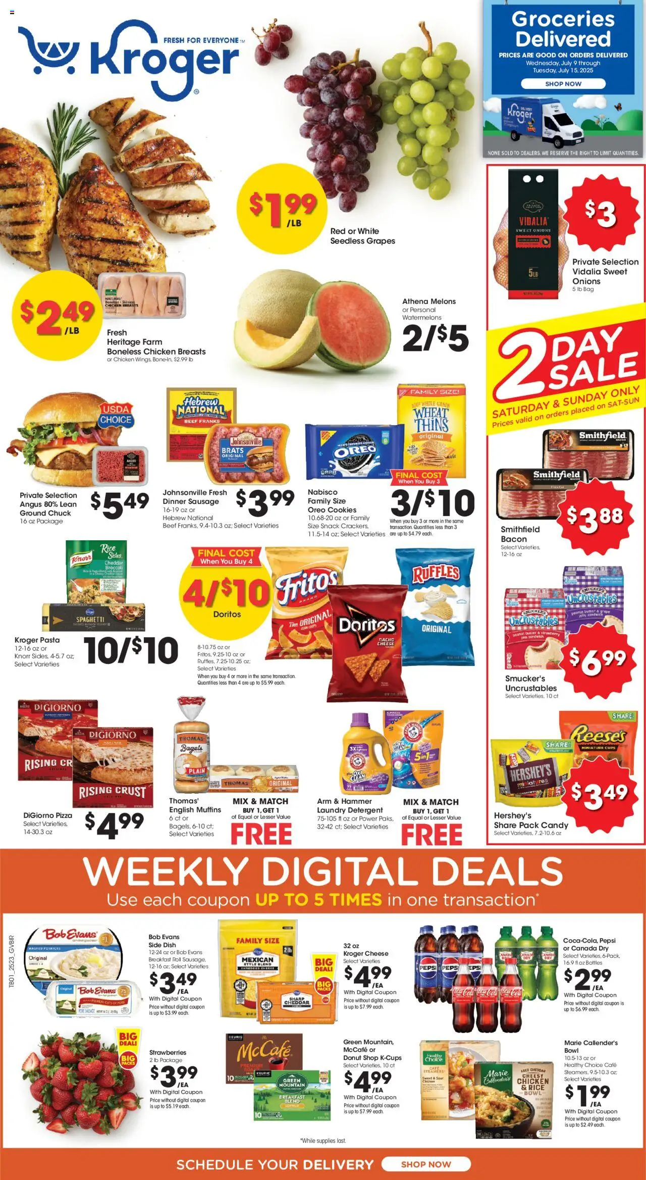 Kroger Weekly ads from 07/09/2025 >> Ad for next week - Page number 1 - Corn, Laundry detergent, Cheese, Oreo, Strawberries, Donut, Pepsi, Muffins