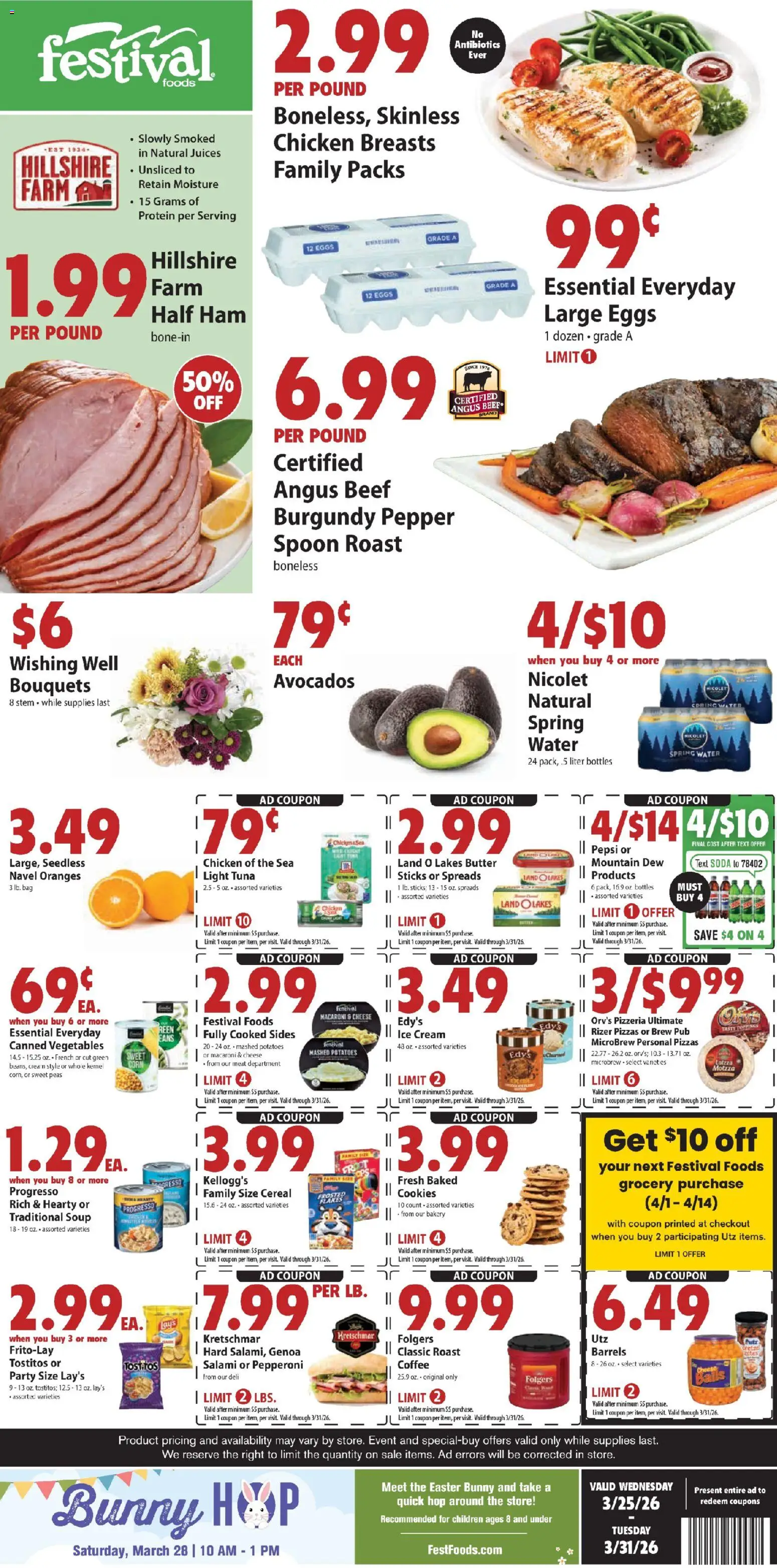 Ad Preview of Festival Foods Festival Foods Weekly Ad from 03/25/2026 - Coffee, Ice cream, Bakery, Eggs, Butter, Ham, Beef, Flakes