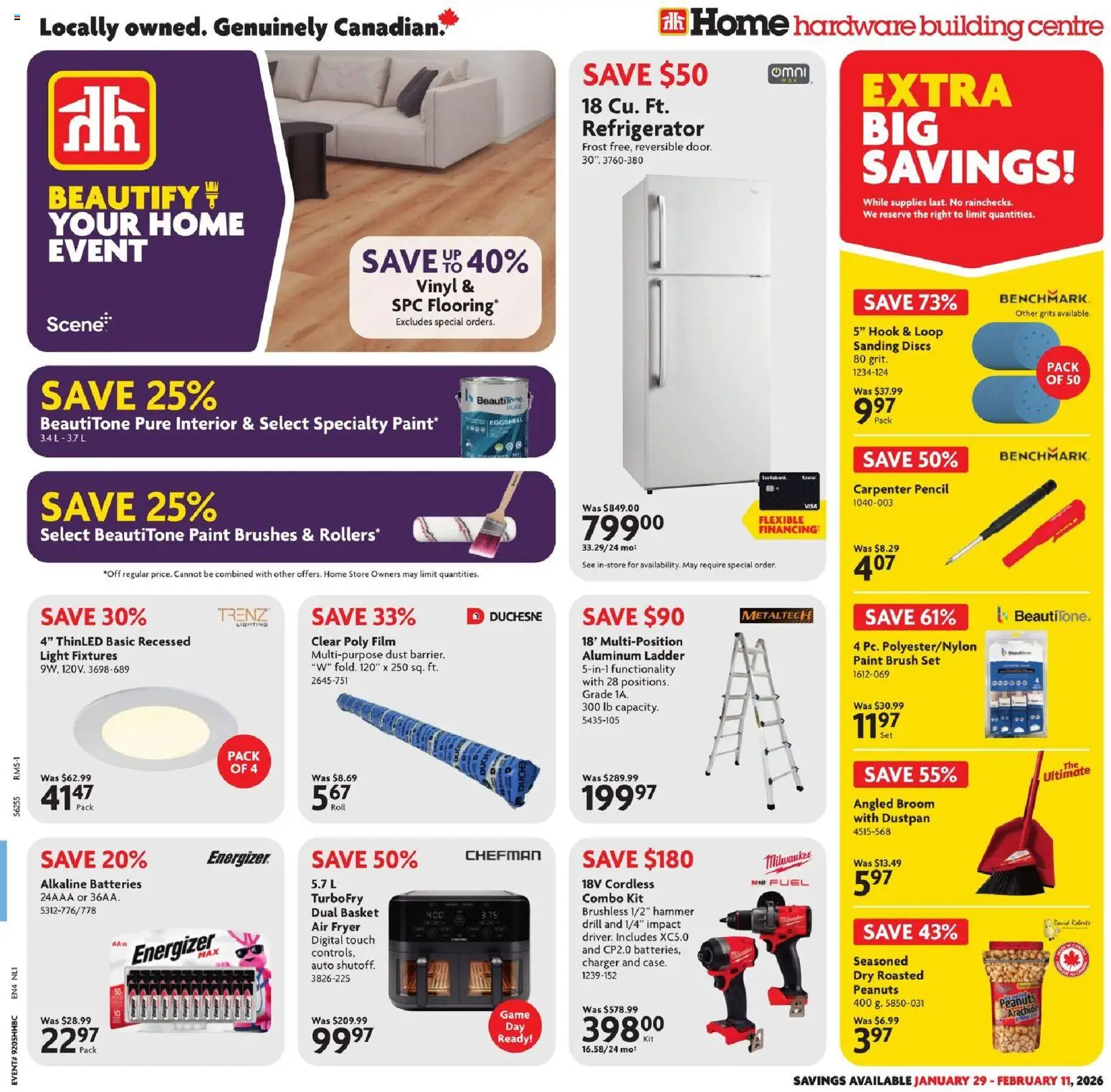 Preview of leaflet Weekly flyer / circulaire from shop Home Hardware is valid from Jan 29, 2026 - Game, Batteries, Refrigerator, Door, Peanuts, Brush, Fryer, Aluminum ladder