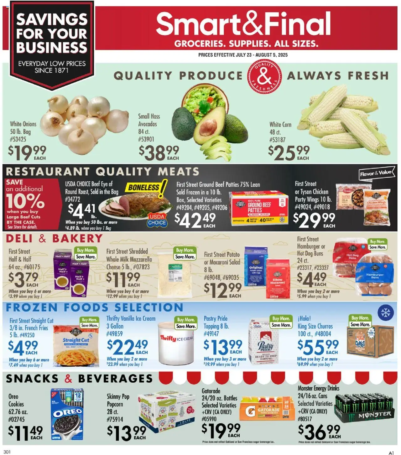 Smart & Final Business & Club Savings from 07/23/2025 - Flyer - Page number 1 - Cookies, Ice, Salad, Chicken wings, Oreo, Ground beef, Vanilla, Beverages