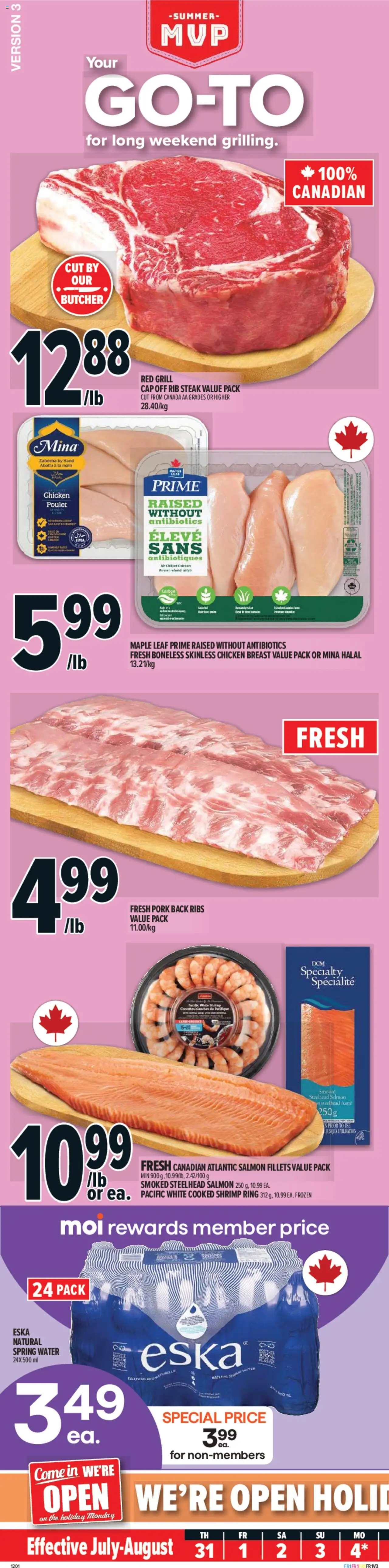 Metro flyer valid from Jul 31, 2025 - page number 1 - Chicken, Steak, Salmon, Shrimp, Grill, Spring water, Pork, Chicken breast