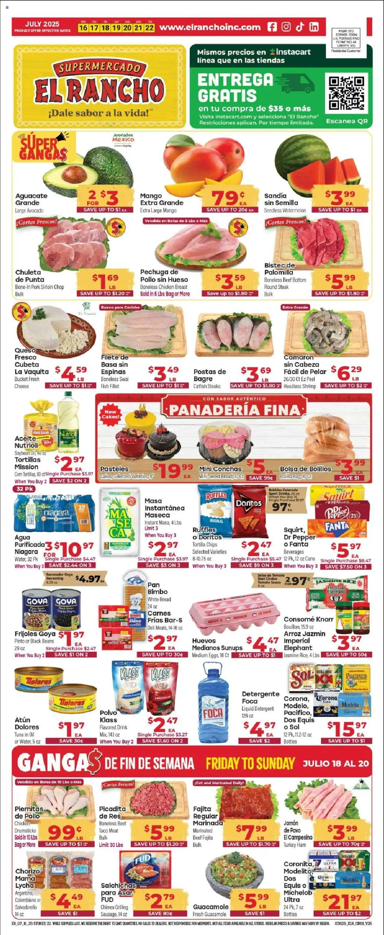 El Rancho Weekly Ad 2 from 07/16/2025 - Flyer - Page number 1 - Shrimp, Guacamole, Cheese, Oil, Beef, Mango, Tuna, Steak