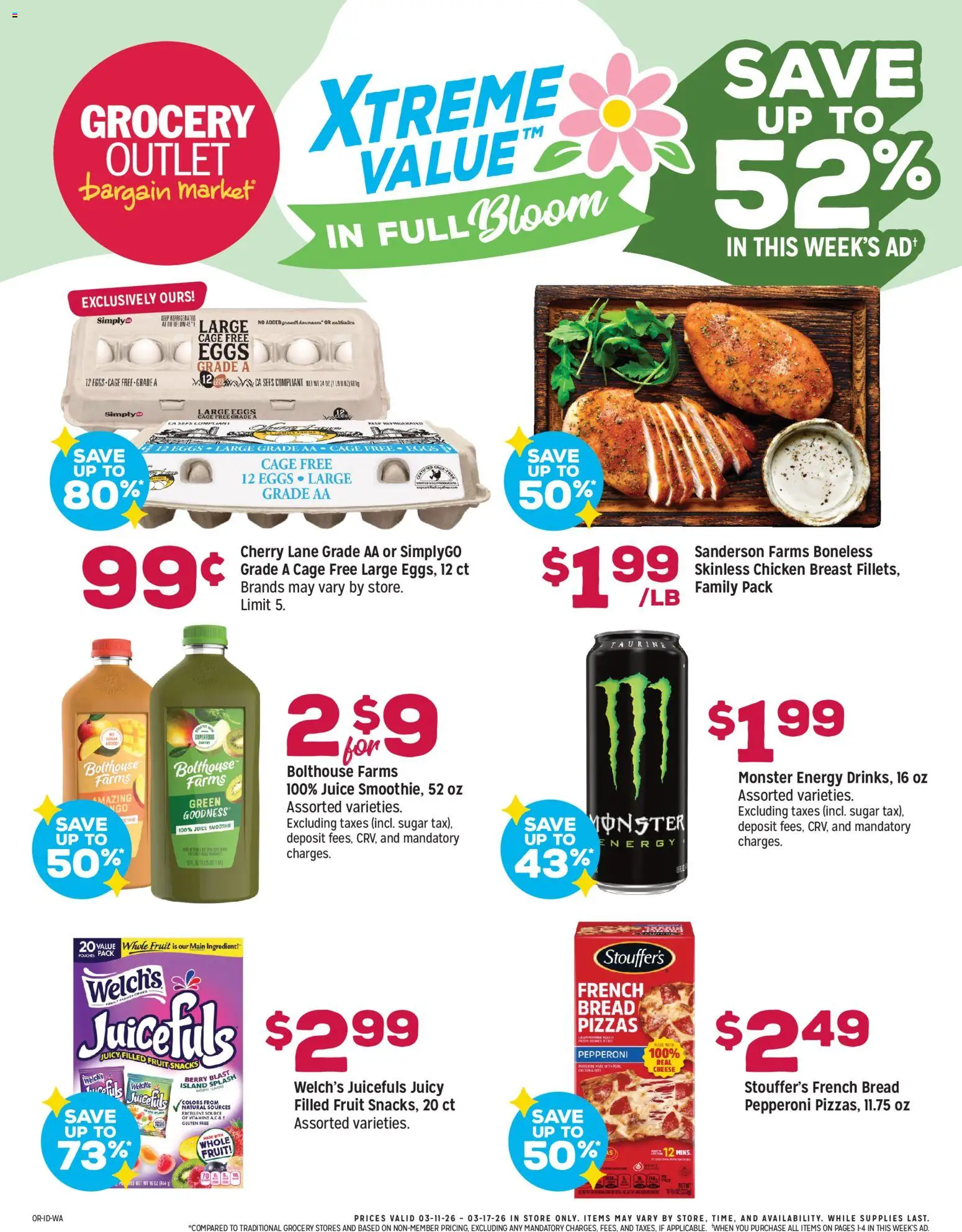 Ad Preview of Grocery Outlet Grocery Outlet Weekly Ad - ID from 03/11/2026 - Smoothie, Eggs, Fruit, Bread, Juice, Sugar, Pork, Chicken