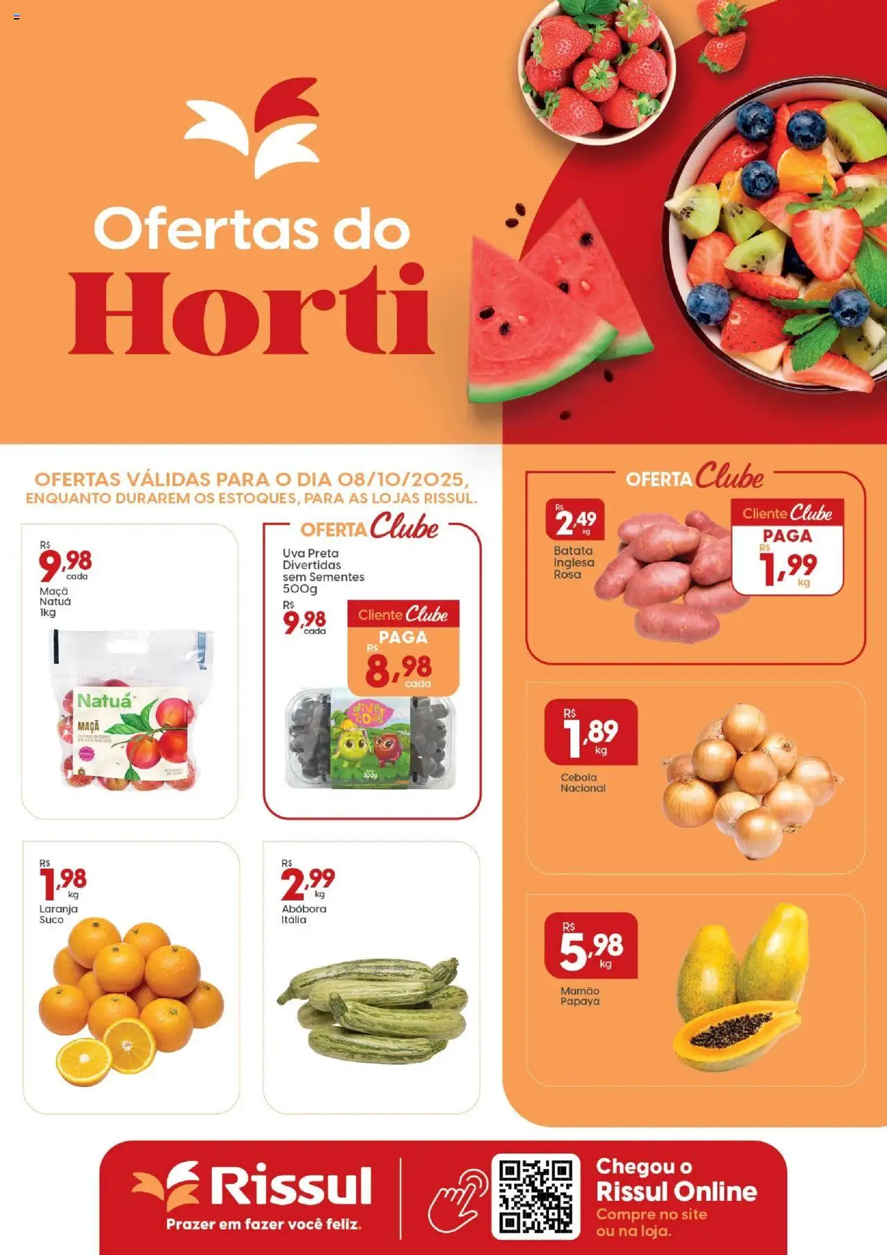 Rissul folheto "Ofertas Quarta do Horti" válido a partir de 08/10/2025 - número de página 1 - Uva, Abóbora, Batata, Suco, Cebola, Mamão