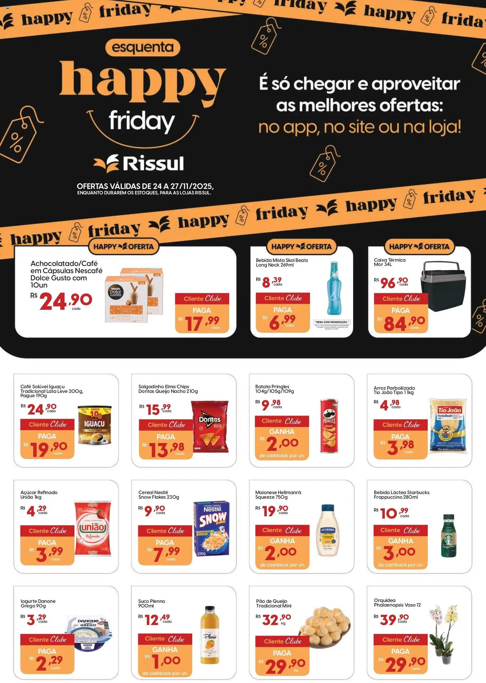 Pré-Visualização do folheto "Black Friday" da loja Rissul válido a partir de 24/11/2025 - Café, Bebida, Canela, Elma Chips, Caixa térmica, Arroz parboilizado, Vaso, Café solúvel