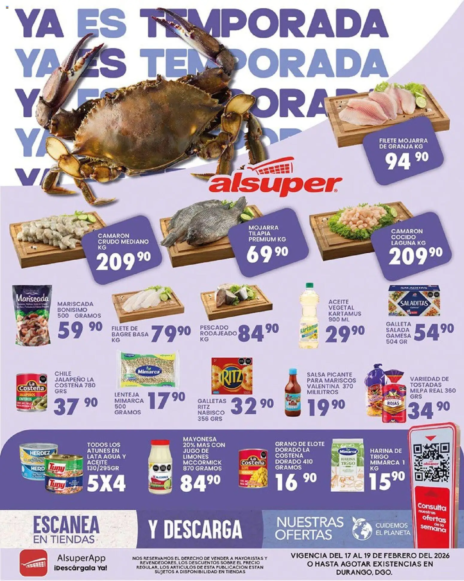 Vista previa las ofertas de la tienda Alsuper - Folleto Durango desde el 17/02/2026 - Mariscos, Galletas, Chile, Limones, Tostadas, Tilapia, Sobre, Filete de pescado