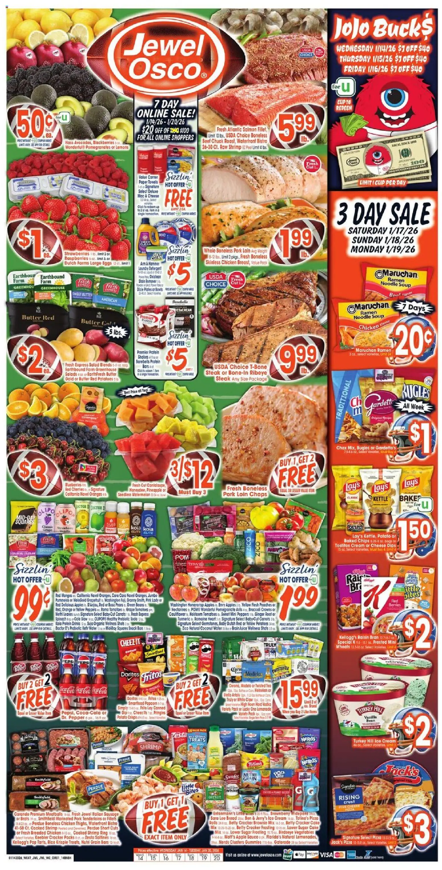 Ad Preview of Jewel Osco Weekly Ad from 01/14/2026 - Cake, Chips, Turmeric, Pomegranate, Lemons, Coconut, Grapefruit, Pork loin