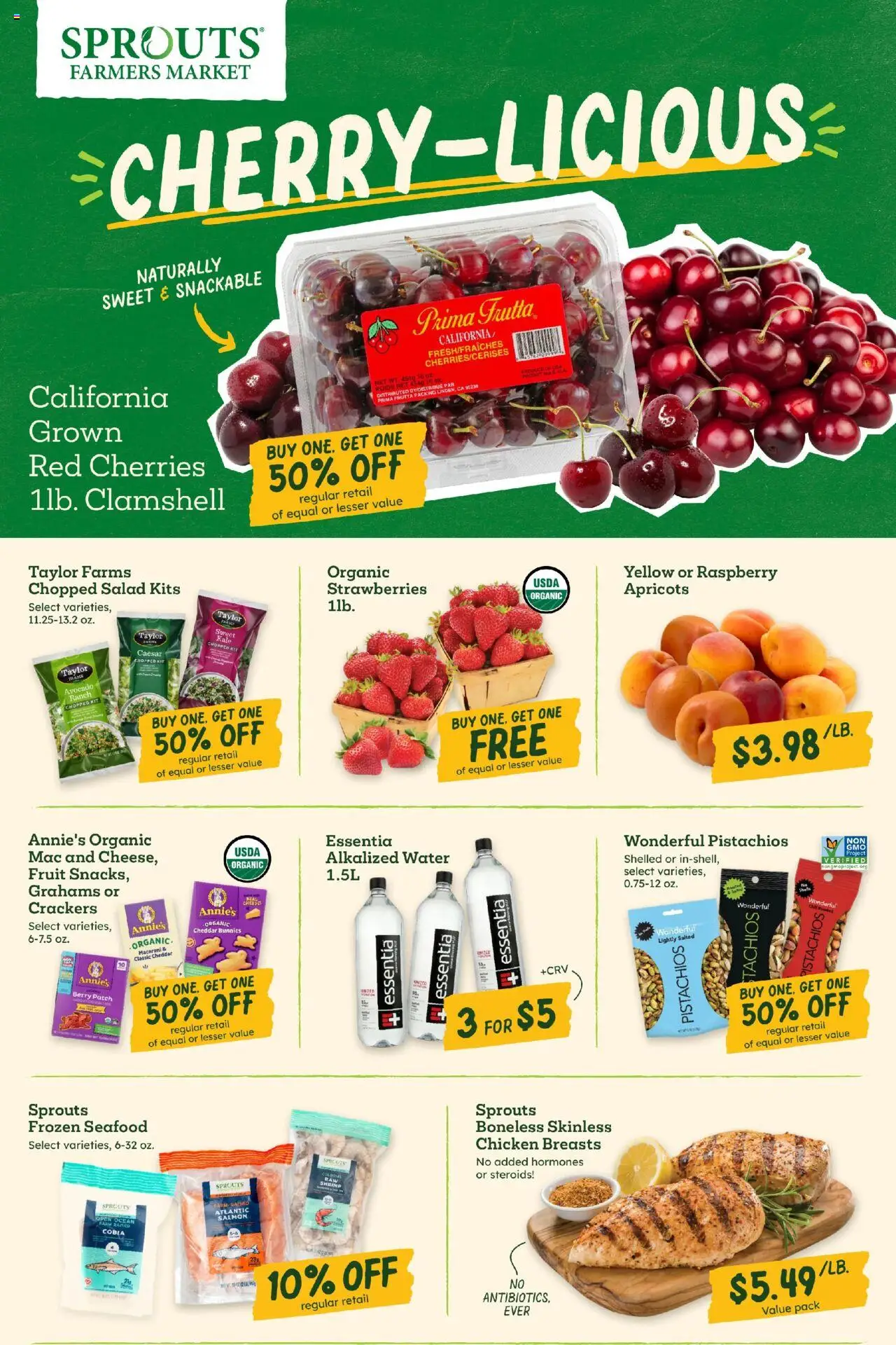 Sprouts Weekly Ad from 05/28/2025 - Flyer - Page number 1 - Chicken, Chicken breasts, Strawberries, Avocado, Water, Fruit, Seafood, Pistachios