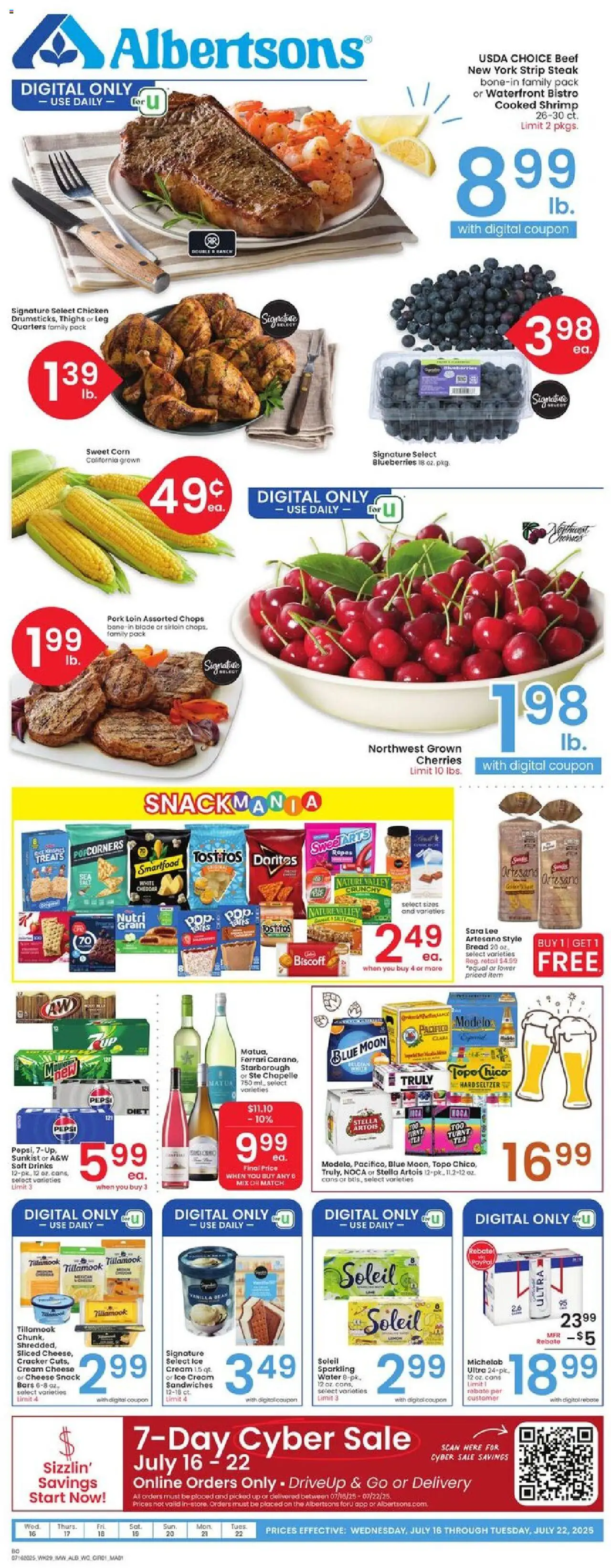 Albertsons Weekly Ad from 07/16/2025 - Flyer - Page number 1 - Corn, Cherries, Cream cheese, Cheese, Pork, Beef, Water, Blueberries