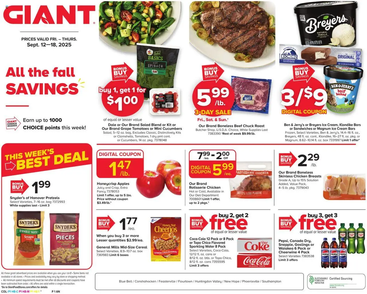 Giant Weekly Ad from 09/12/2025 - Flyer - Page number 1 - Apples, Ice, Honey, Tomatoes, Cereal, Mustard, Beef chuck, Chicken