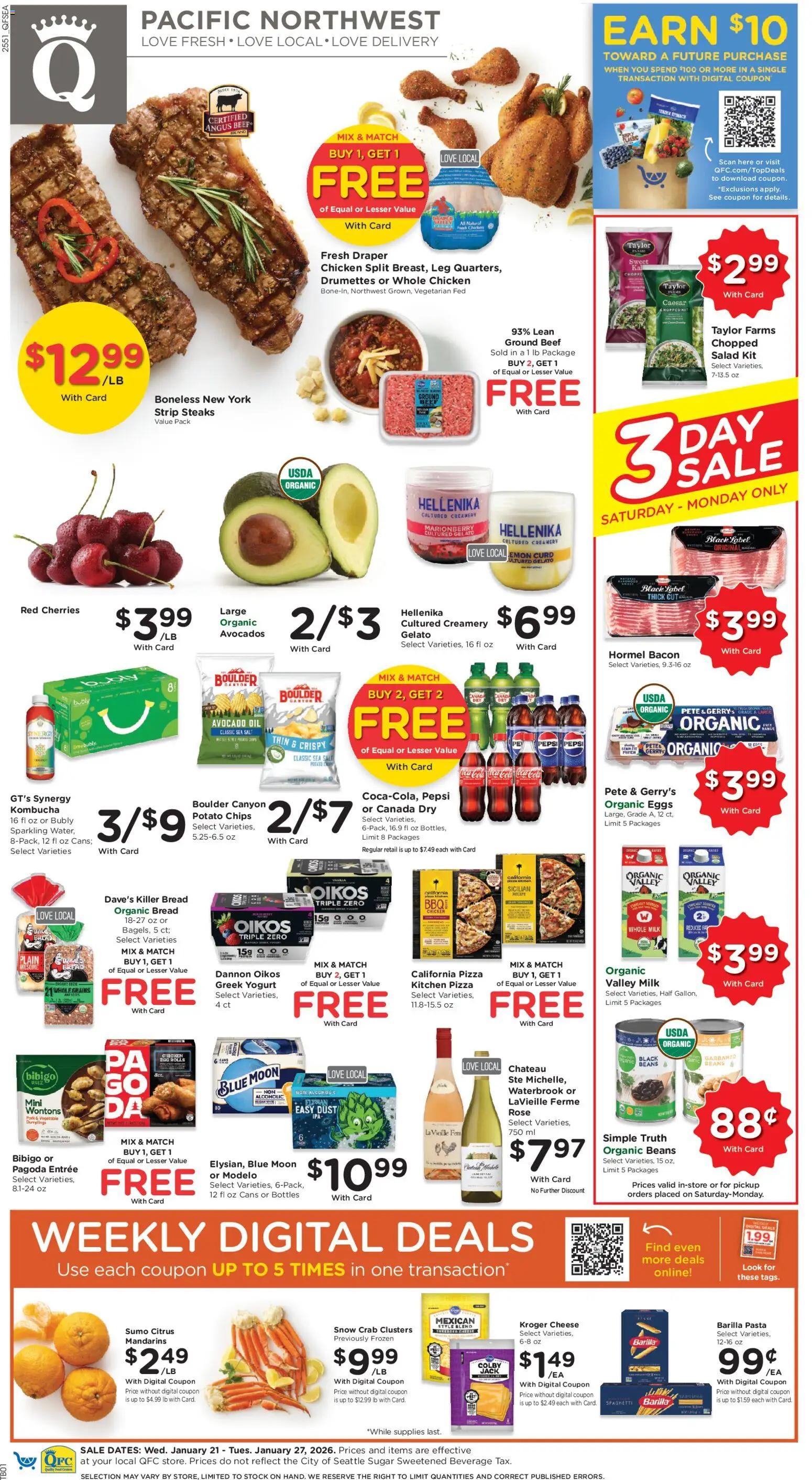 Ad Preview of QFC Weekly Ad from 01/21/2026 - Yogurt, Pepsi, Oil, Salt, Mandarins, Barilla pasta, Barilla, Chicken