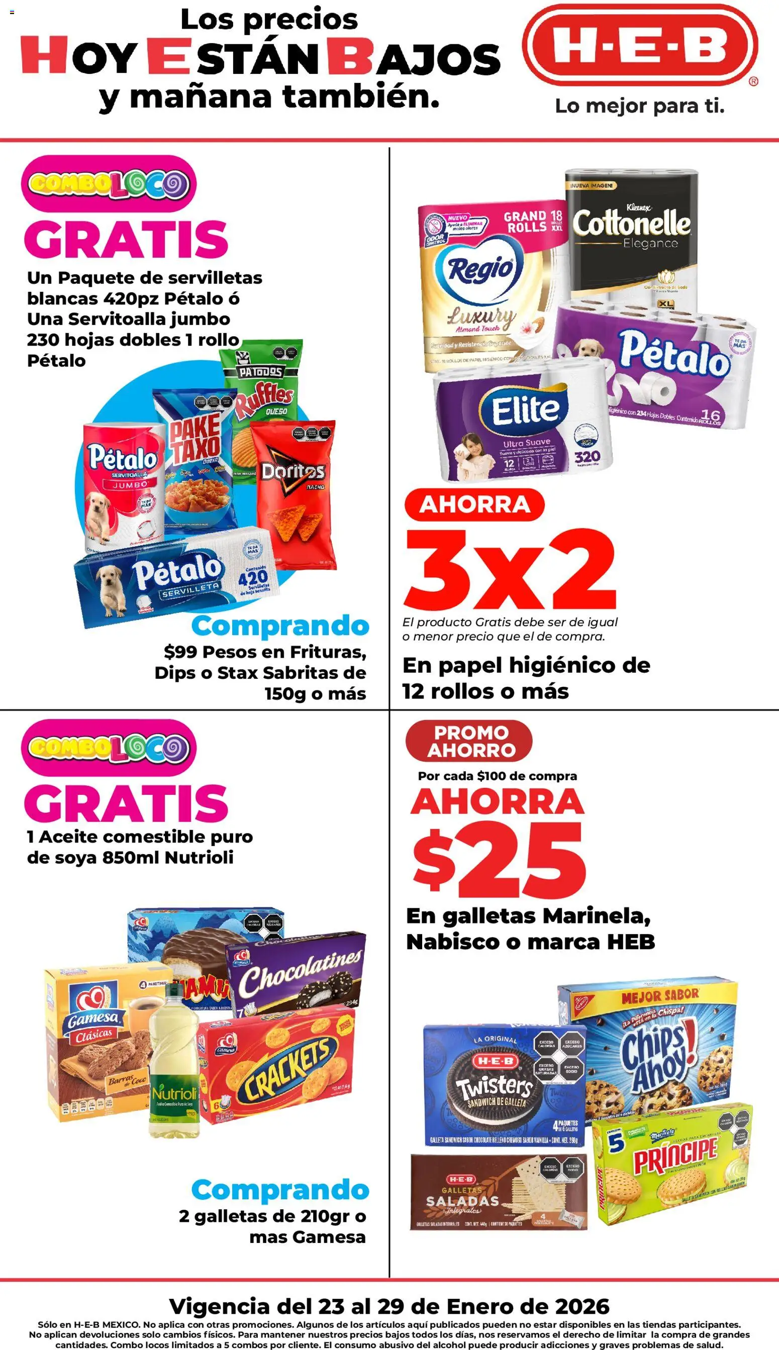 Vista previa las ofertas de la tienda H-E-B - Folleto desde el 23/01/2026 - Chocolate, Coco, Galletas, Alcohol, Queso, Papel higiénico, Servilletas, Galletas saladas