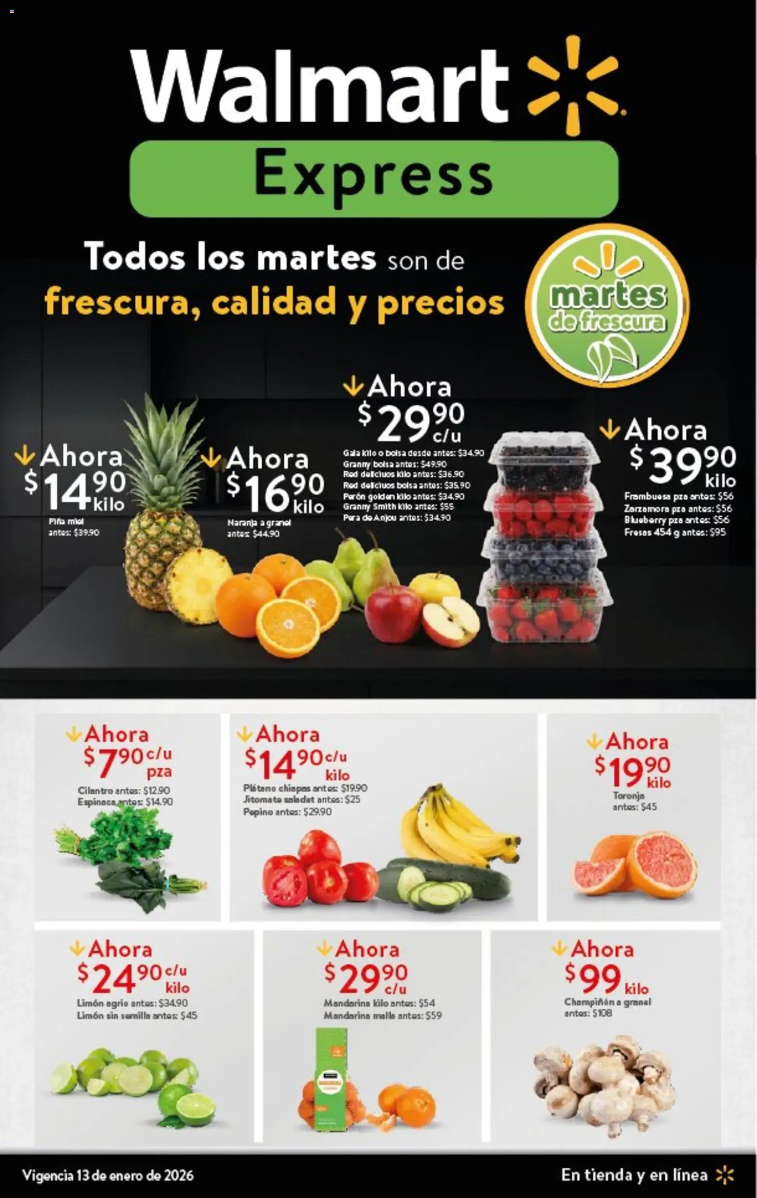 Vista previa las ofertas de la tienda Walmart Express - Folleto Ofertas desde el 13/01/2026 - Bolsa, Plátano, Limón, Espinaca, Miel, Pepino, Toronja, Malla