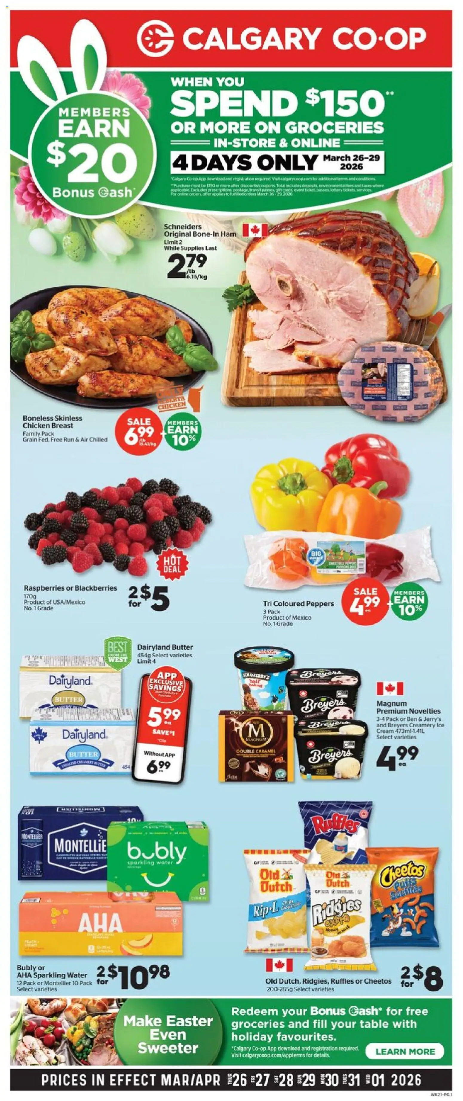 Preview of leaflet Calgary Co-op weekly flyer / circulaire from shop Calgary Co-op is valid from Mar 26, 2026 - Chicken, Water, Ice, Butter, Raspberries, Ham, Chicken breast, Magnum