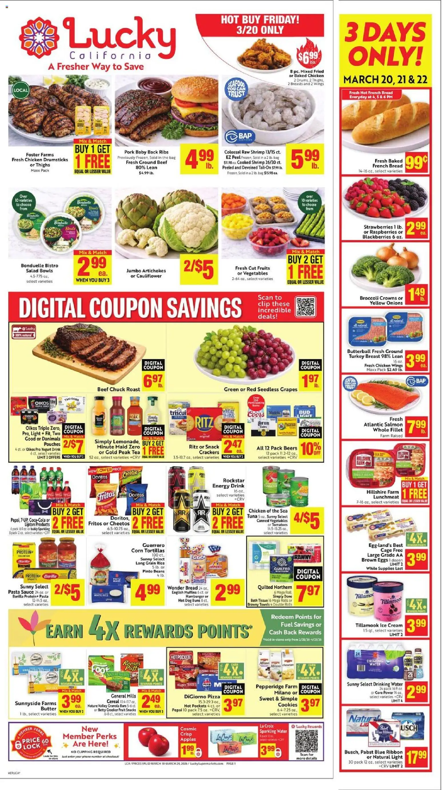 Ad Preview of Lucky Supermarkets Lucky Supermarkets Weekly - CA from 03/18/2026 - Turkey, Salad, Corn, Crowns, Rice, Grapes, Ground beef, Crackers