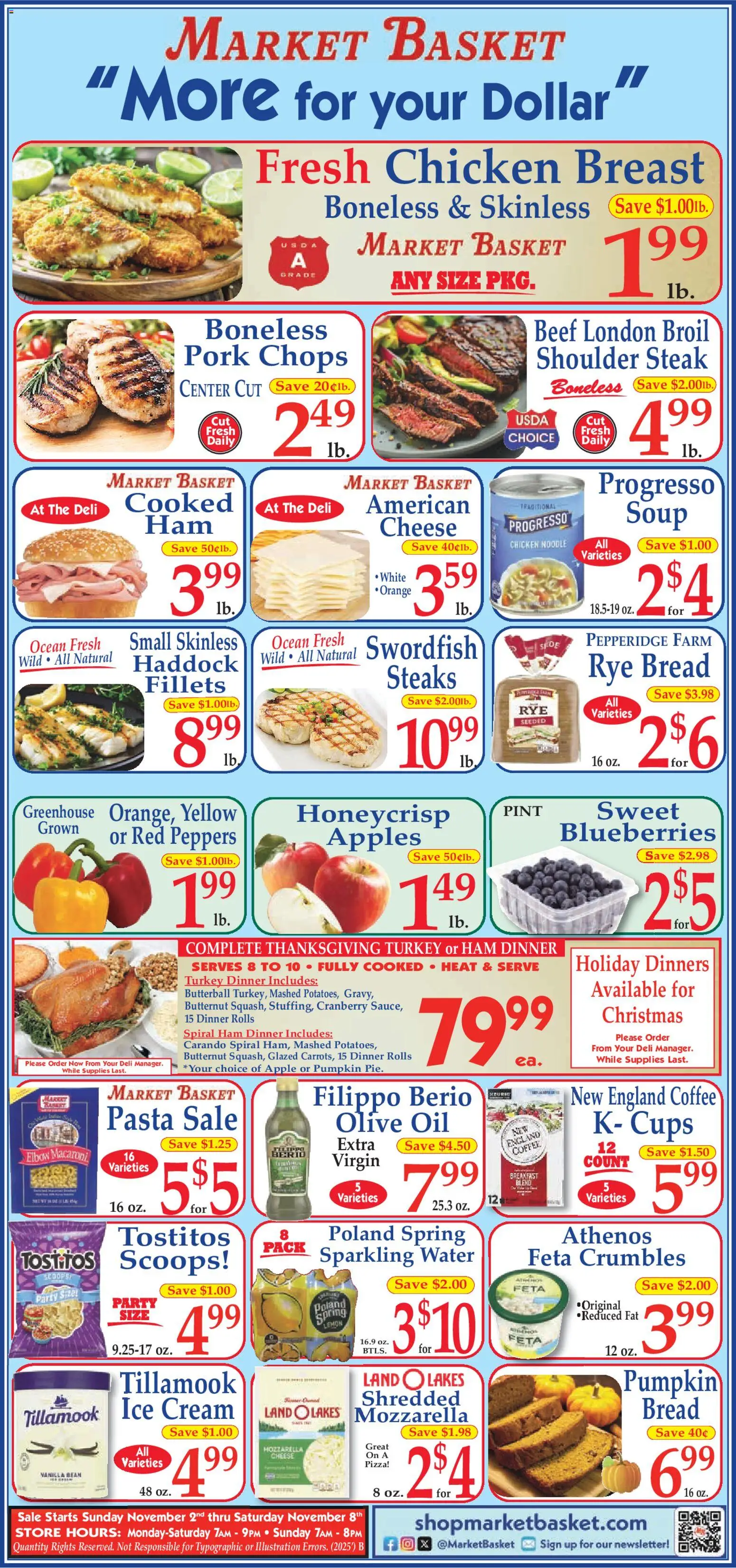 Ad Preview of Market Basket Ad from 11/02/2025 - Coffee, Water, Ice, Cheese, Beef, Basket, Vanilla bean, Chicken