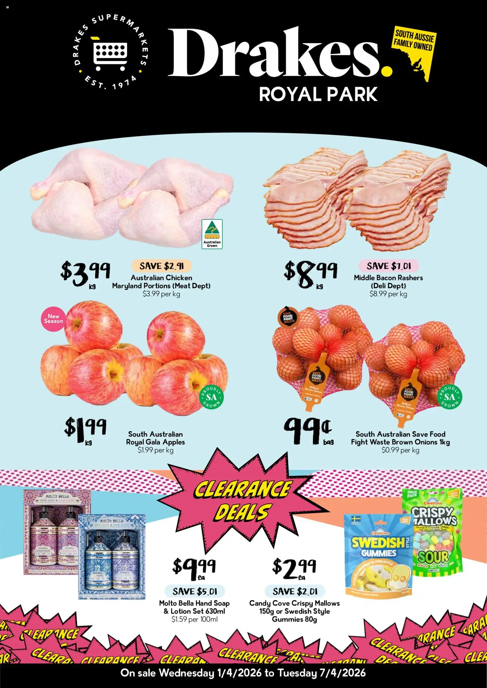 Preview of catalogue Drakes catalogue Royal Park from shop Drakes valid 01/04/2026 - Food, Hand soap, Chicken, Apples, Lotion, Soap, Meat, Onions