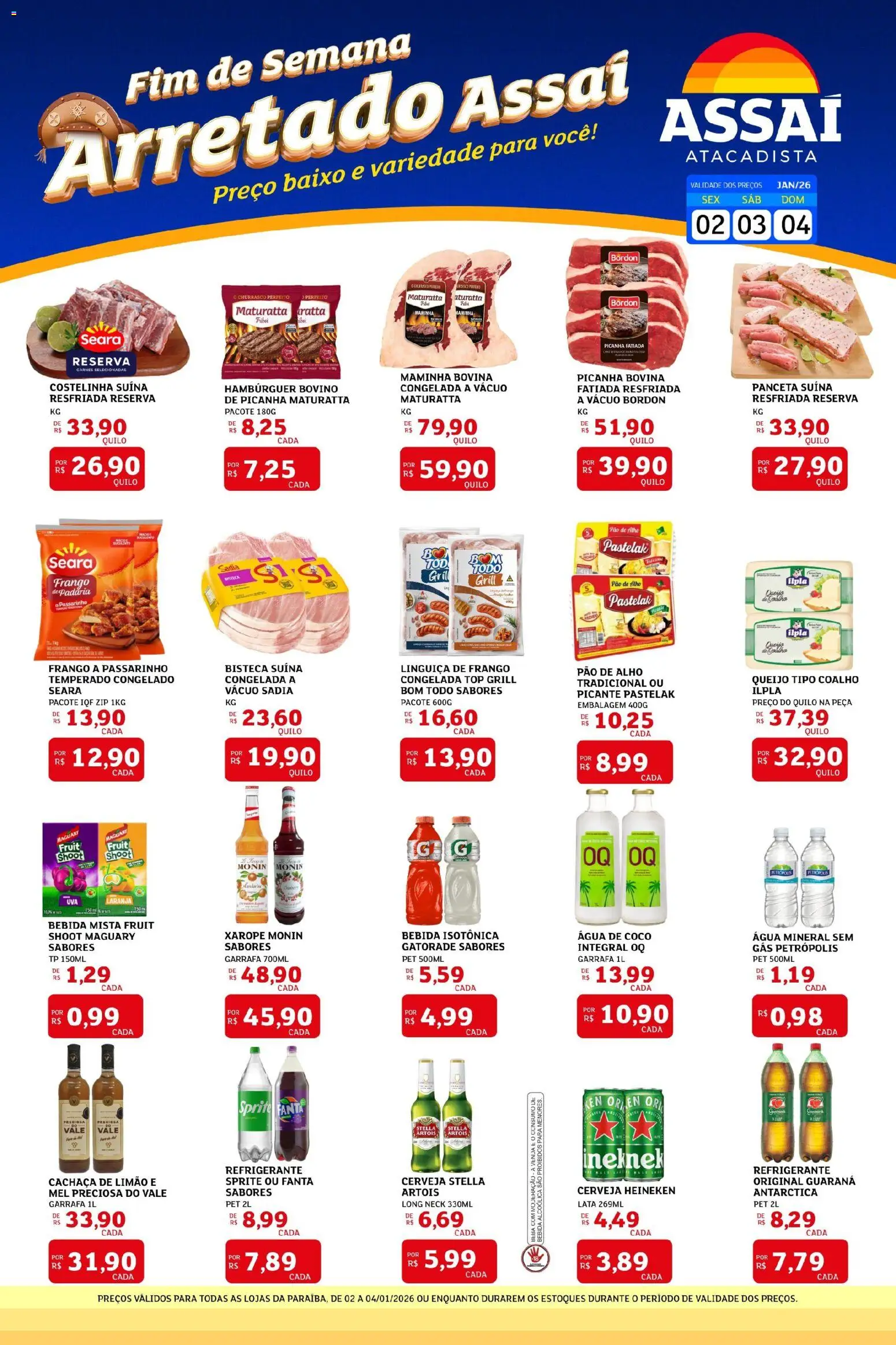 Pré-Visualização do folheto "Encarte - PB" da loja Assaí Atacadista válido a partir de 02/01/2026 - Cerveja, Picanha, Refrigerante, Pao de alho, Xarope, Linguiça, Alho, Água mineral