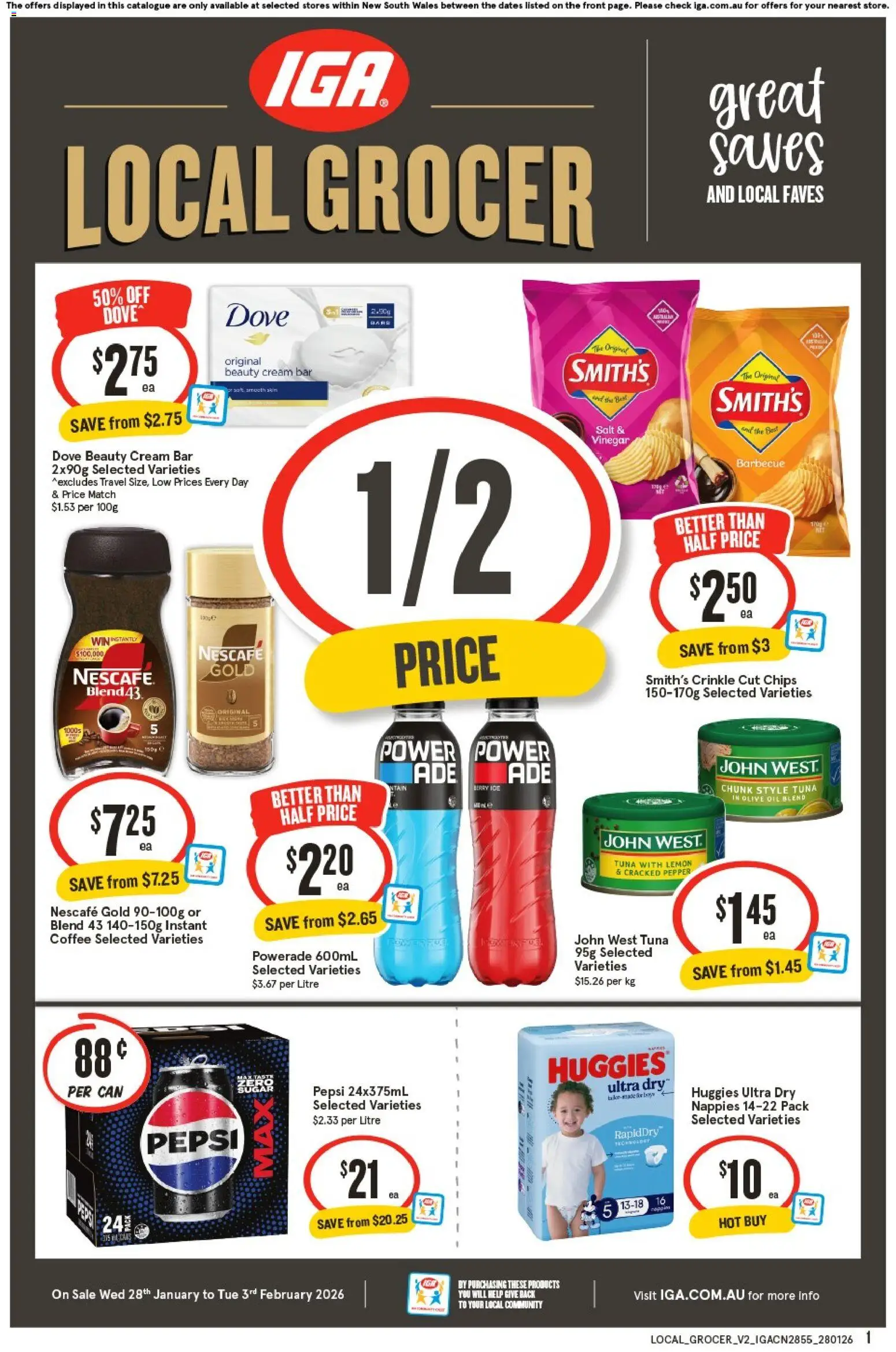 Preview of catalogue Local Grocer NSW from shop IGA valid 28/01/2026 - Coffee, Nappies, Salt, Pepper, Tuna, Vinegar, Ice, Nescafe