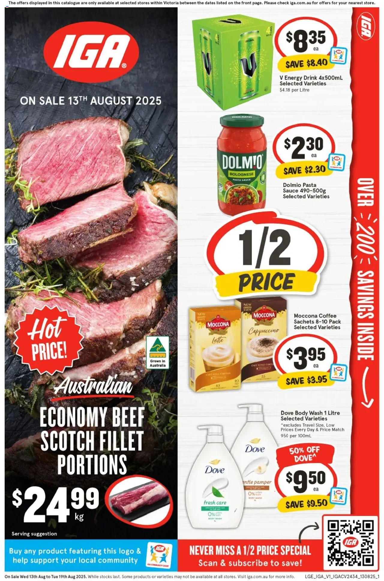 IGA catalogue valid from 13/08/2025 - page 1 - Energy drink, Coffee, Beef, Sachets, Cappuccino, Scotch, Moccona, Fillet