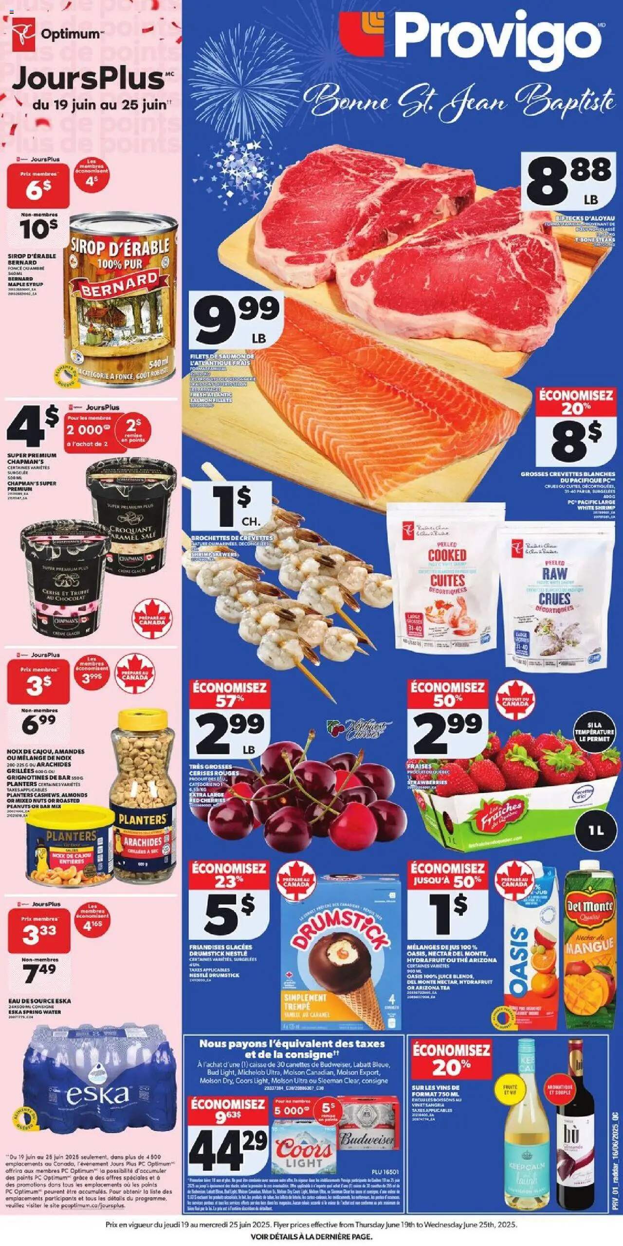 Provigo flyer valid from Jun 19, 2025 - page number 1 - Eau, Crème, Glace, Arachides, Mangue, Thé, Vanille, Boissons