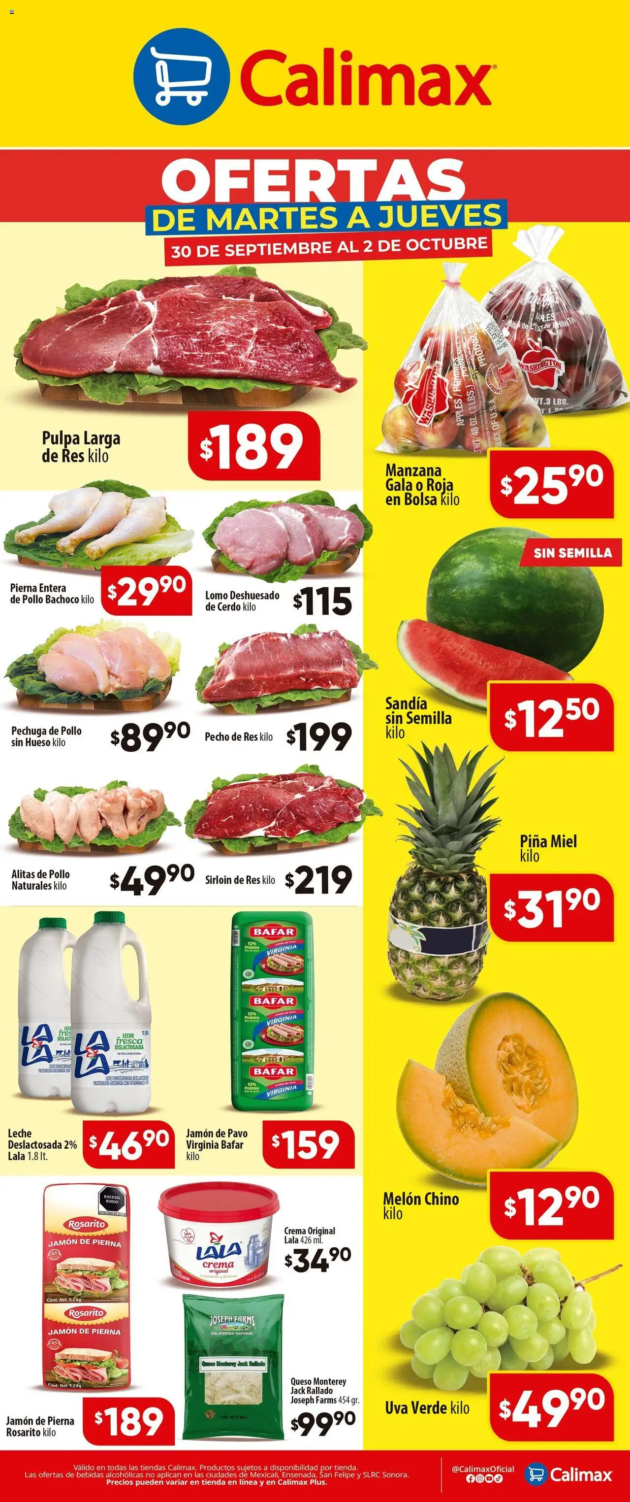 Folleto Calimax y sus promociones válidas desde el 30/09/2025 - Número de página 1 - Pollo, Manzana, Leche, Bebidas, Pavo, Jamón, Res, Alitas de pollo