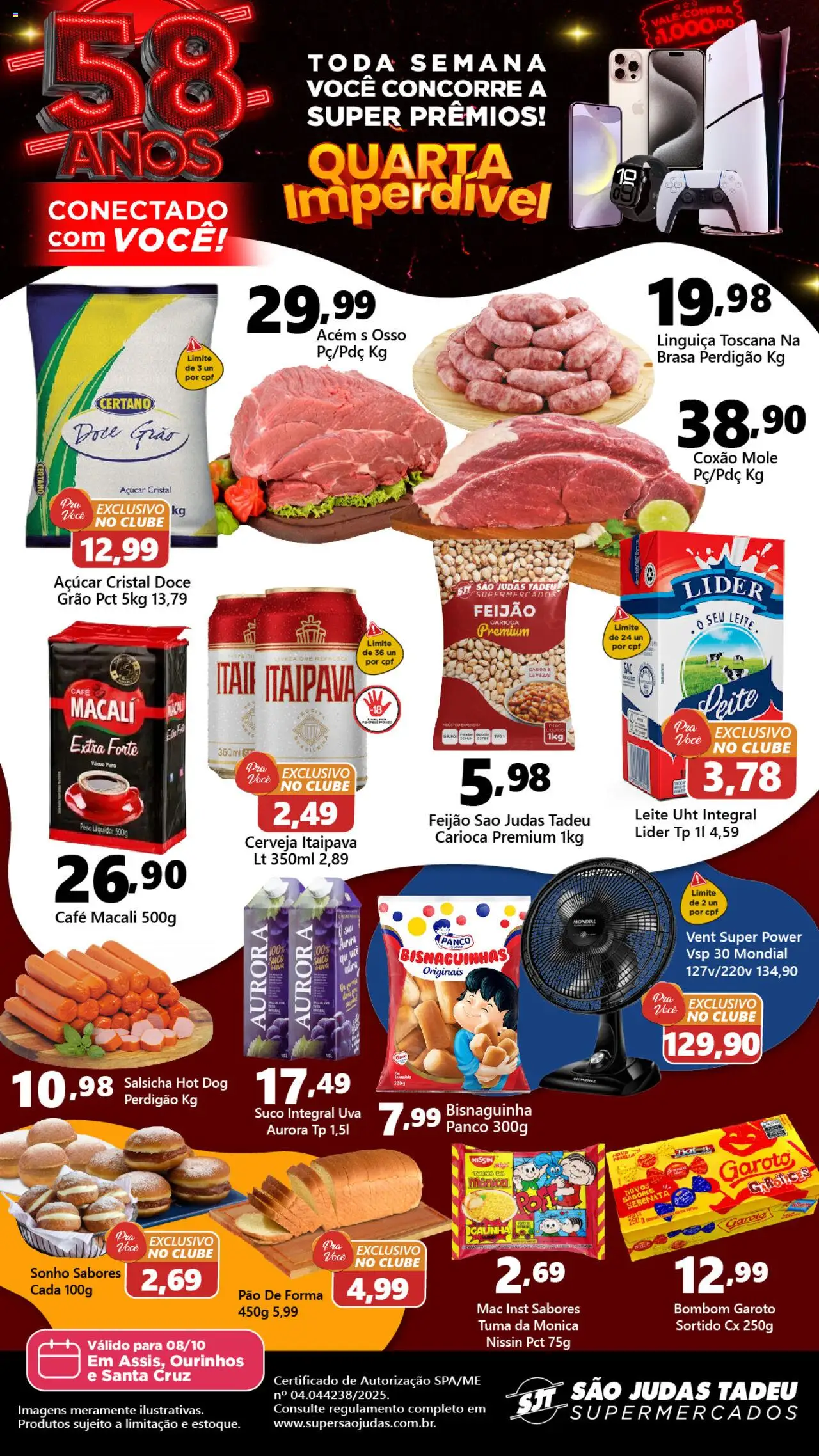 São Judas Tadeu folheto "Ofertas da semana" válido a partir de 08/10/2025 - número de página 1 - Salsicha, Feijão, Leite, Doce, Pão de forma, Bombom, Acém, Coxão mole